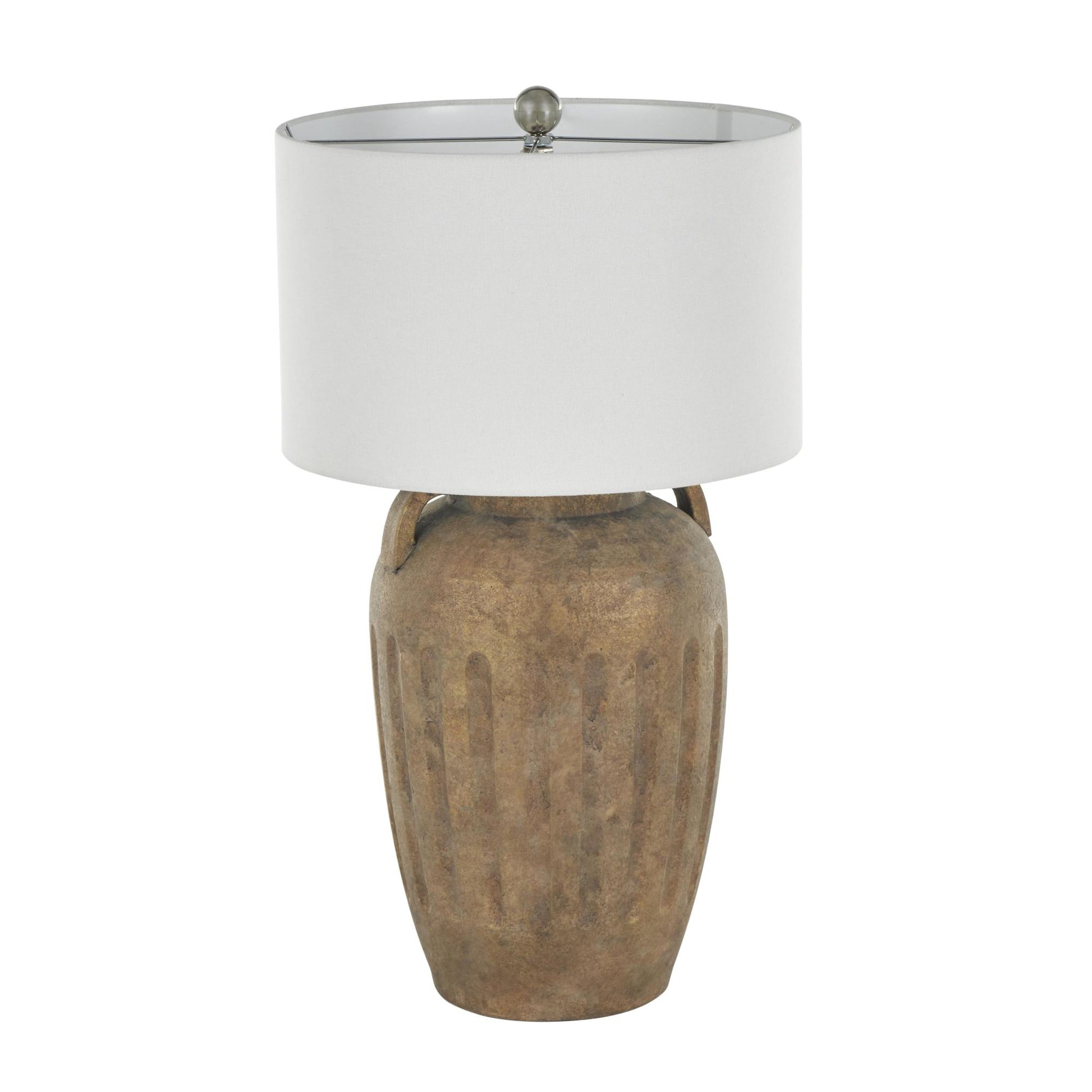 Ceramic Tall Distressed Antique Style Pot Vase Room Table Lamp with Cream Linen Shade and Textured Grooves 16" x 16" x 29"