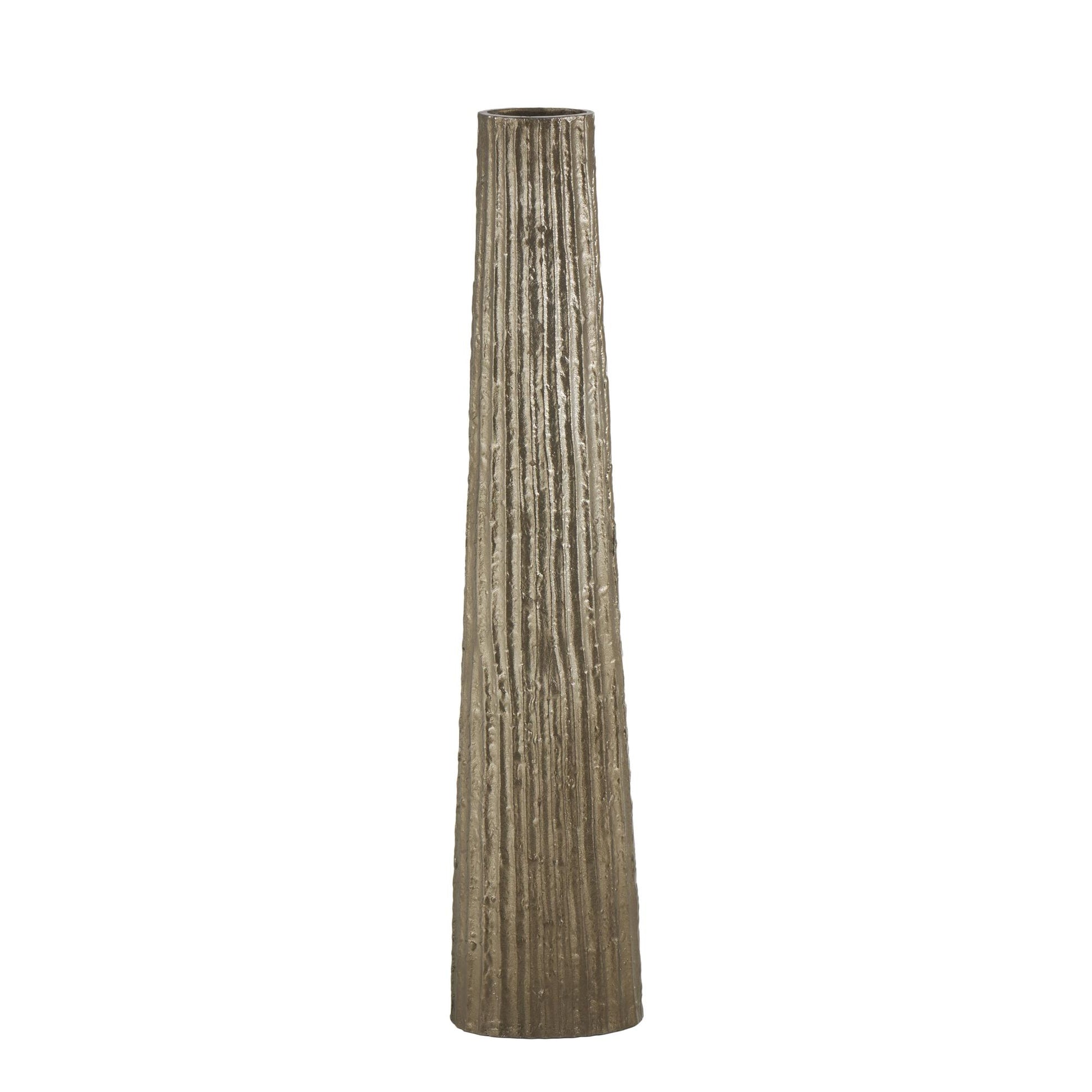 Brass Aluminum Metal Slim Flat Tall Floor Cone Decorative Vase with Textured Ridges