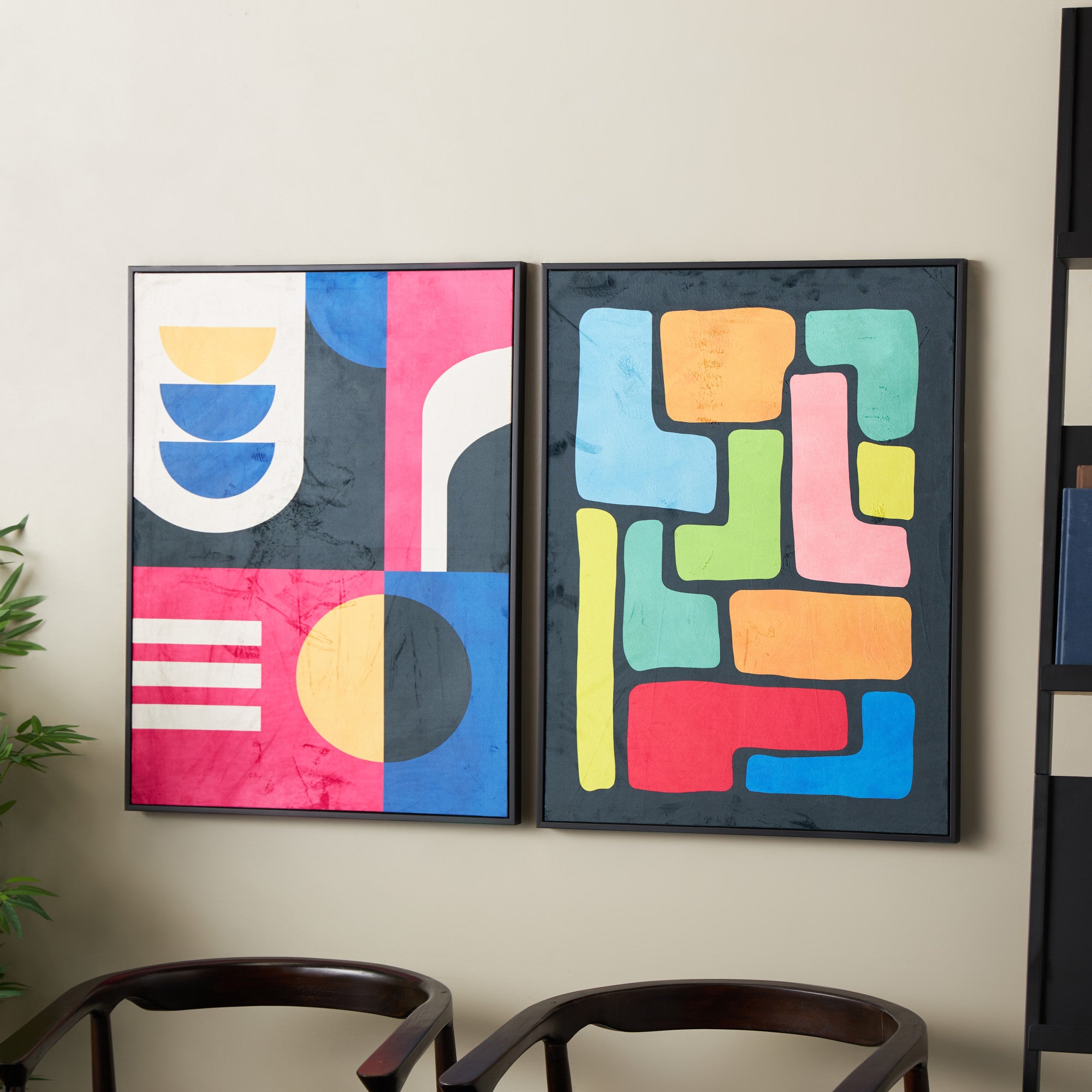 Set of 2 Geometric Multi Colored Canvas Living Room Framed Wall Art with Black Frame