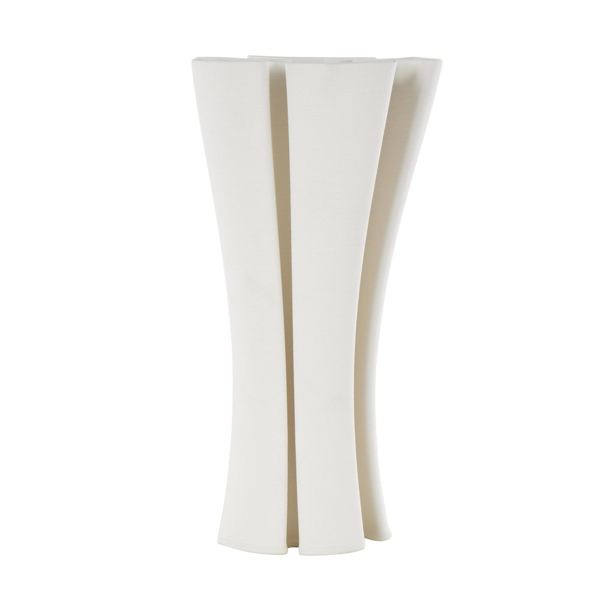 Abstract White Ceramic Ribbed Dimensional Folded Decorative Vase with Curvy Rim
