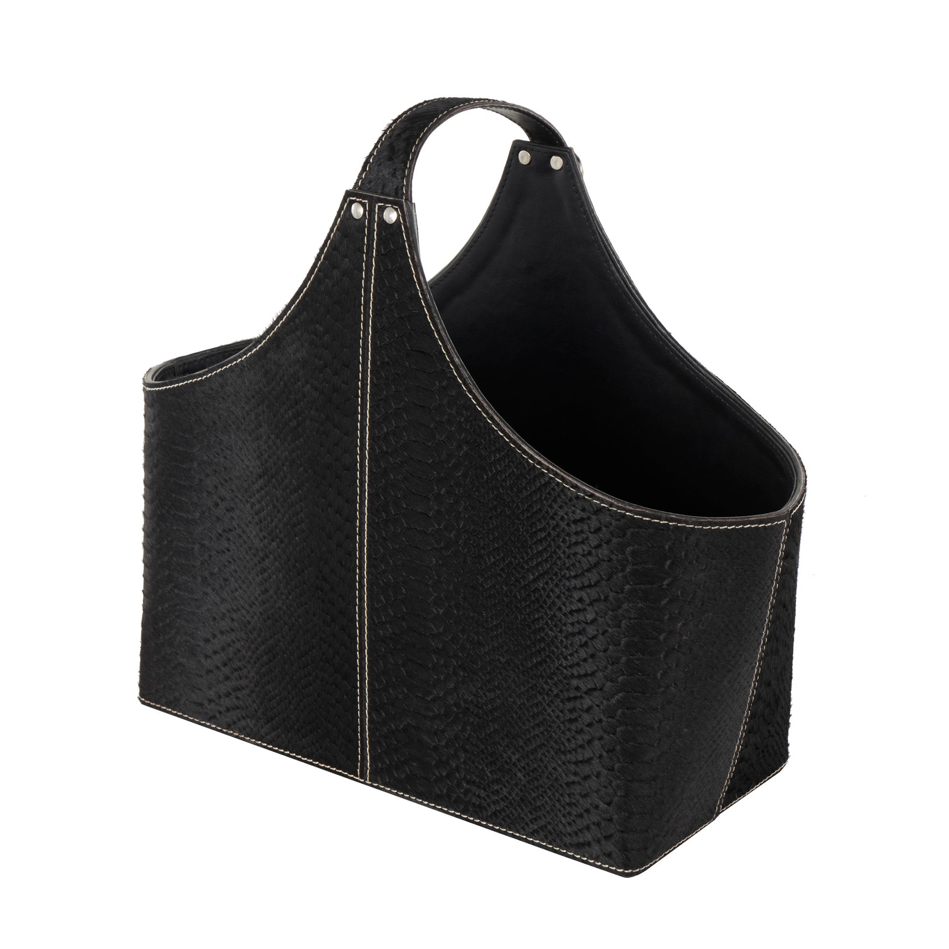 Leather Handmade Box Style Decorative Magazine Holder with Detail Stitching and Curved Buckle Handle
