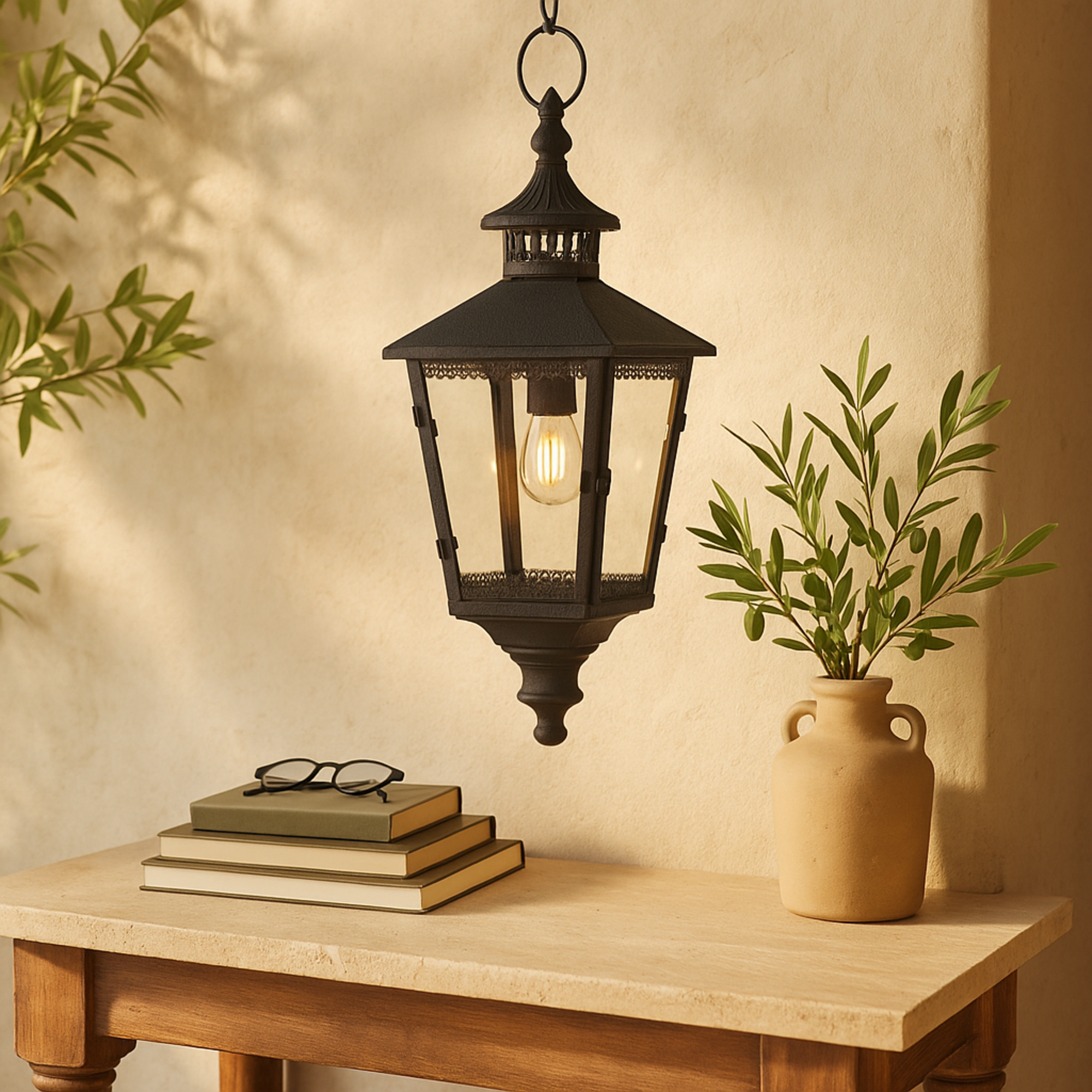 Light House Black Metal Style Decorative Indoor Outdoor Candle Lantern with Ring Handle