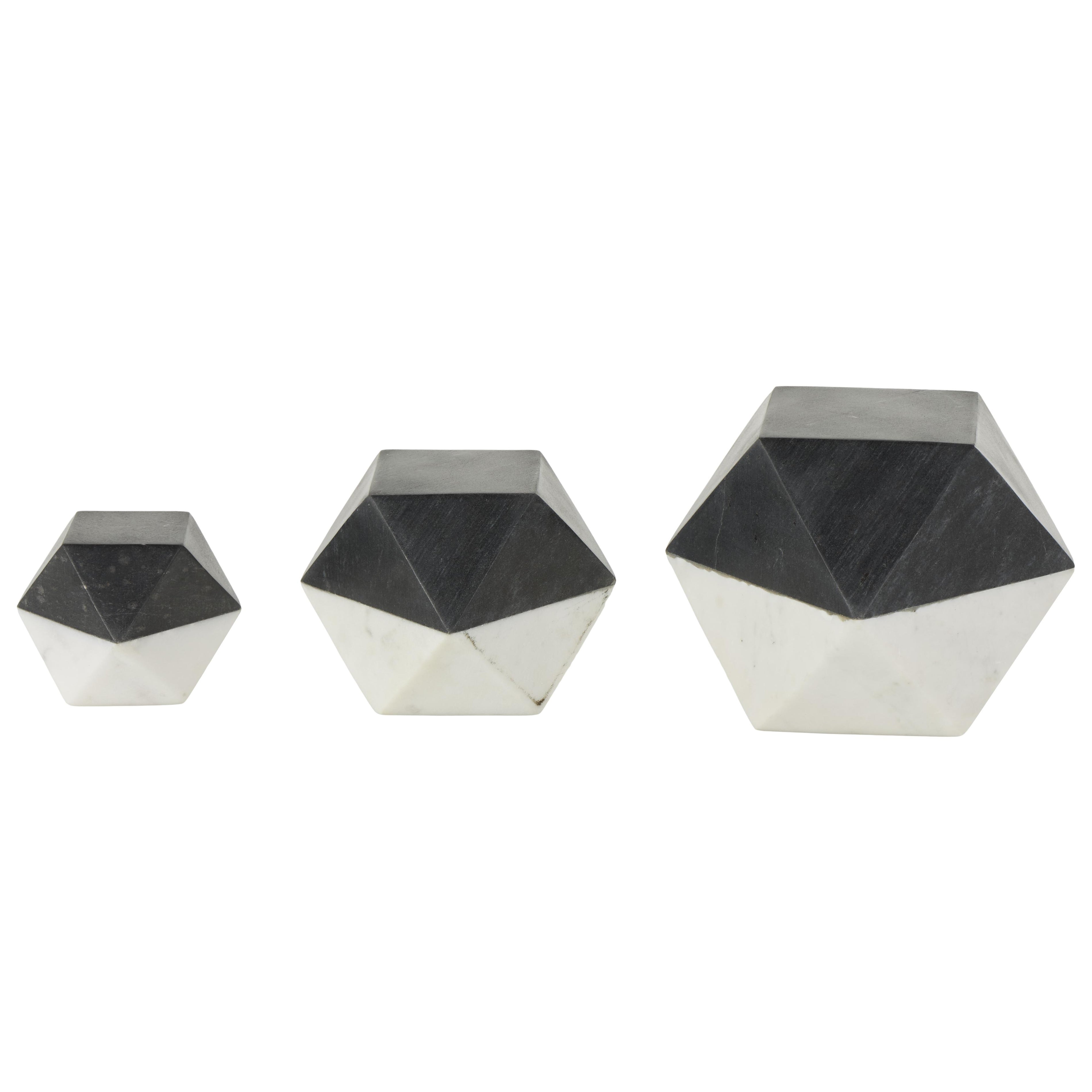 Set of 3 Geometric Marble Cube Two-Toned Hexagon Decorative Sculpture