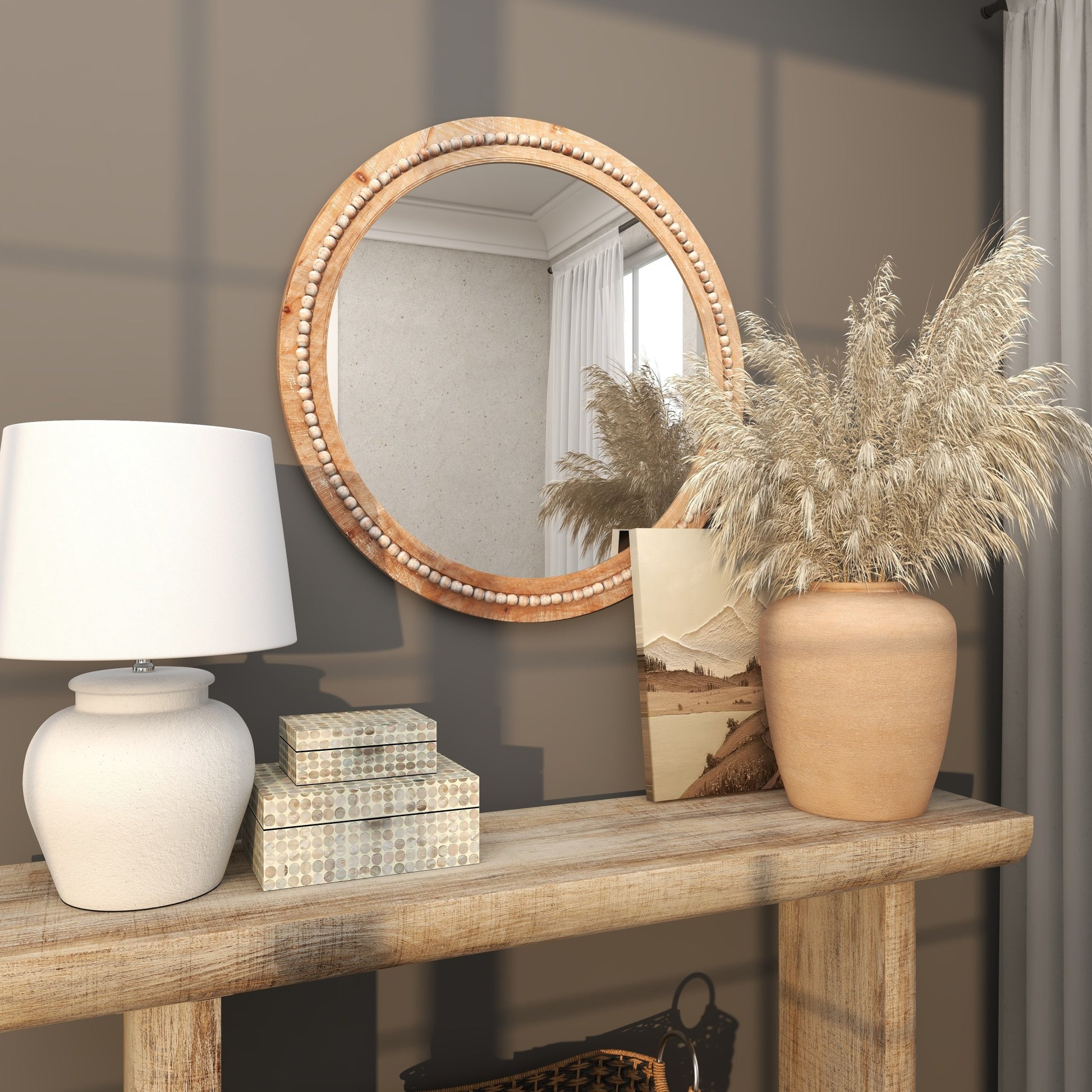 Wood Distressed Room Wall Mirror with Beaded Detailing 36" x 2" x 36"