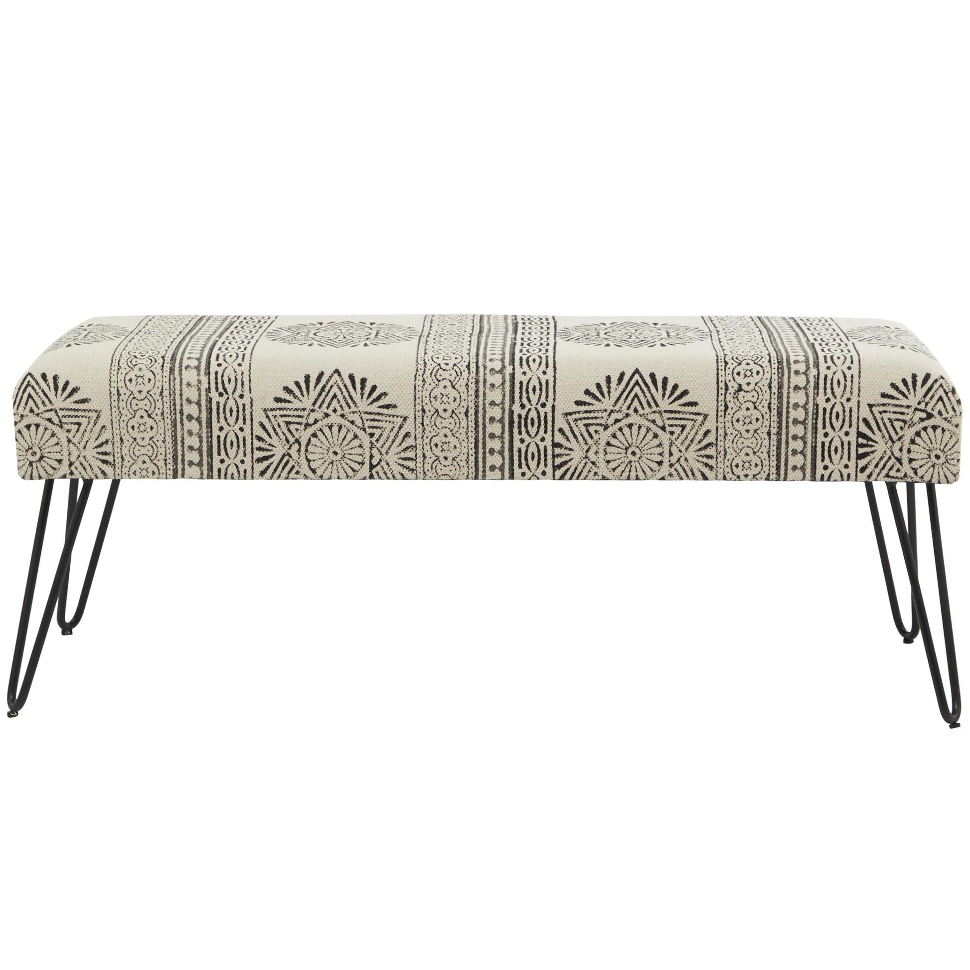 Tribal Cotton Fabric Home Bench with Metal Hairpin Legs