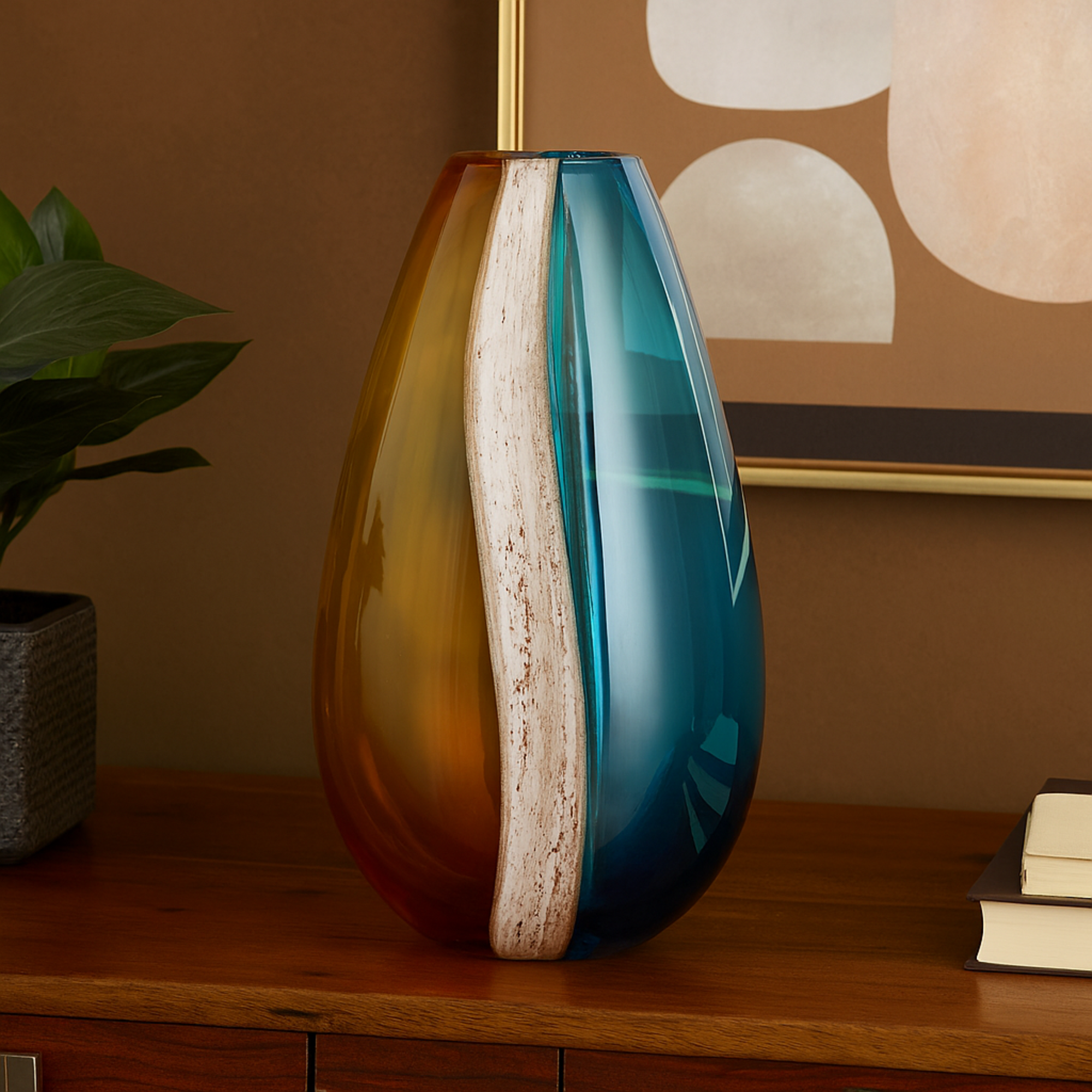 Multi Colored Glass Ombre Decorative Vase with Brown Textured Stripe Details