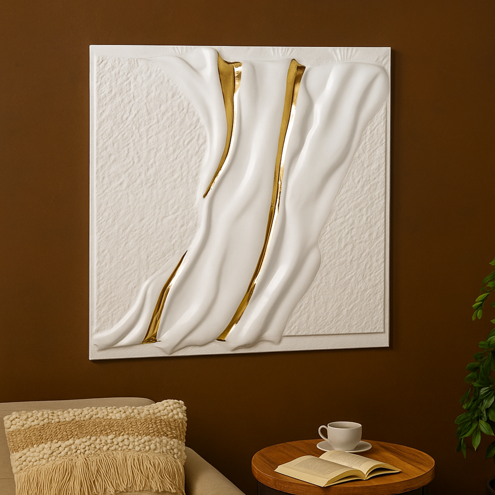 Abstract White Metal Dimensional Textured Wavy Living Room Framed Wall Art with Curved Gold Accents
