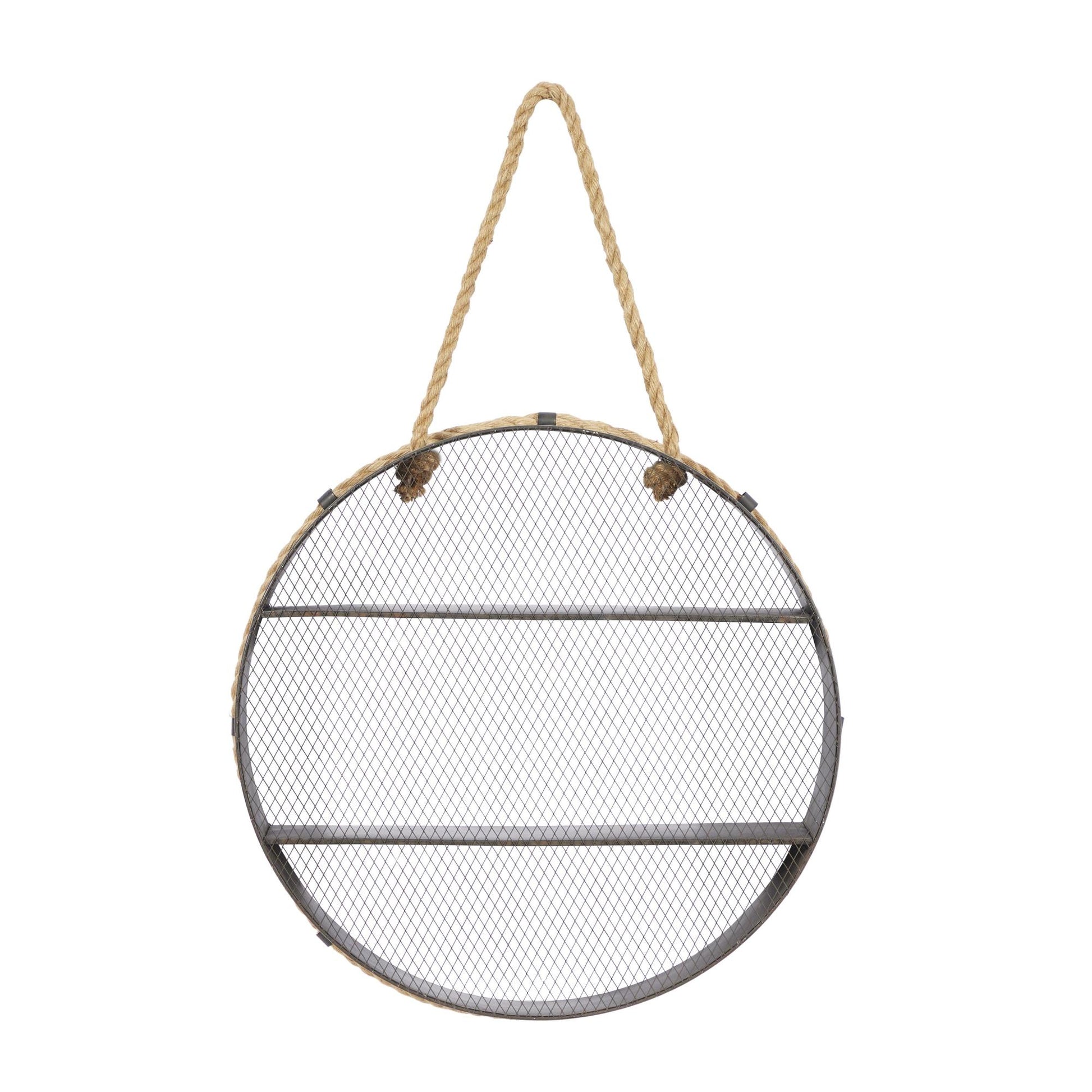 Black Metal Round 2 Shelves Room Wall Shelf with Hanging Rope