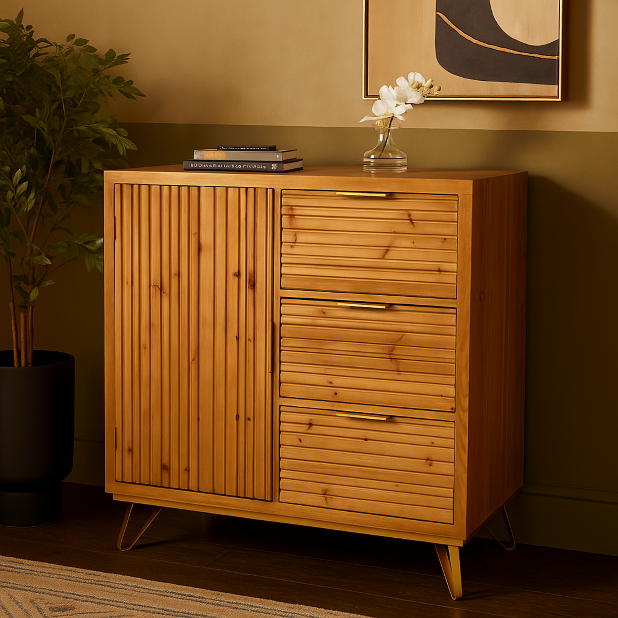 Brown Wooden Ribbed 1 Door and 3 Drawer Room Cabinet with Gold Metal Handles