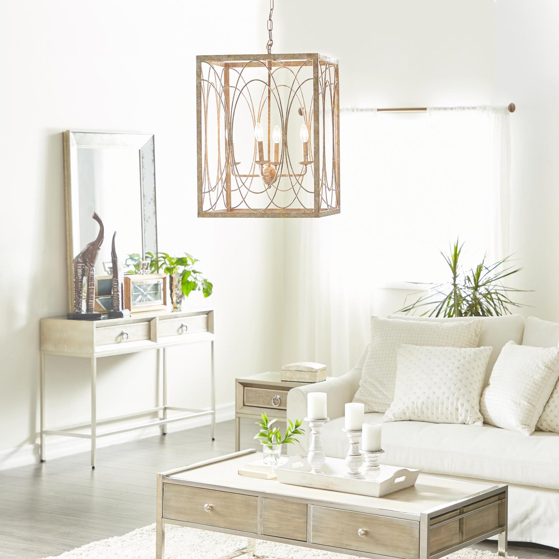 Gold Metal Distressed Caged 8 Light Room Chandelier with Link Style Chain