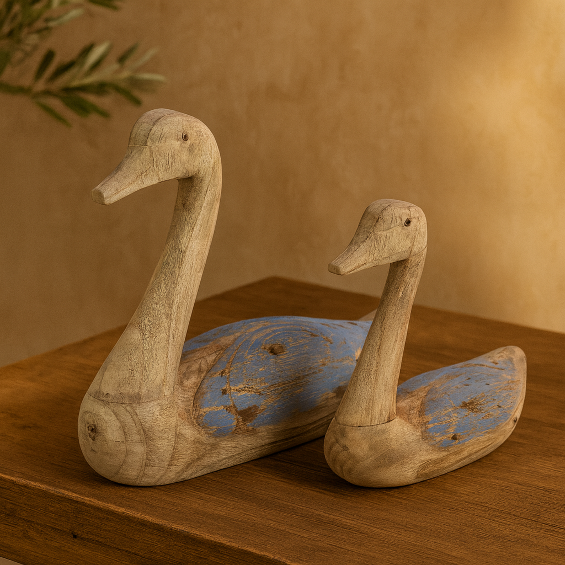 Set of 2 Duck Wood Decorative Garden Sculpture