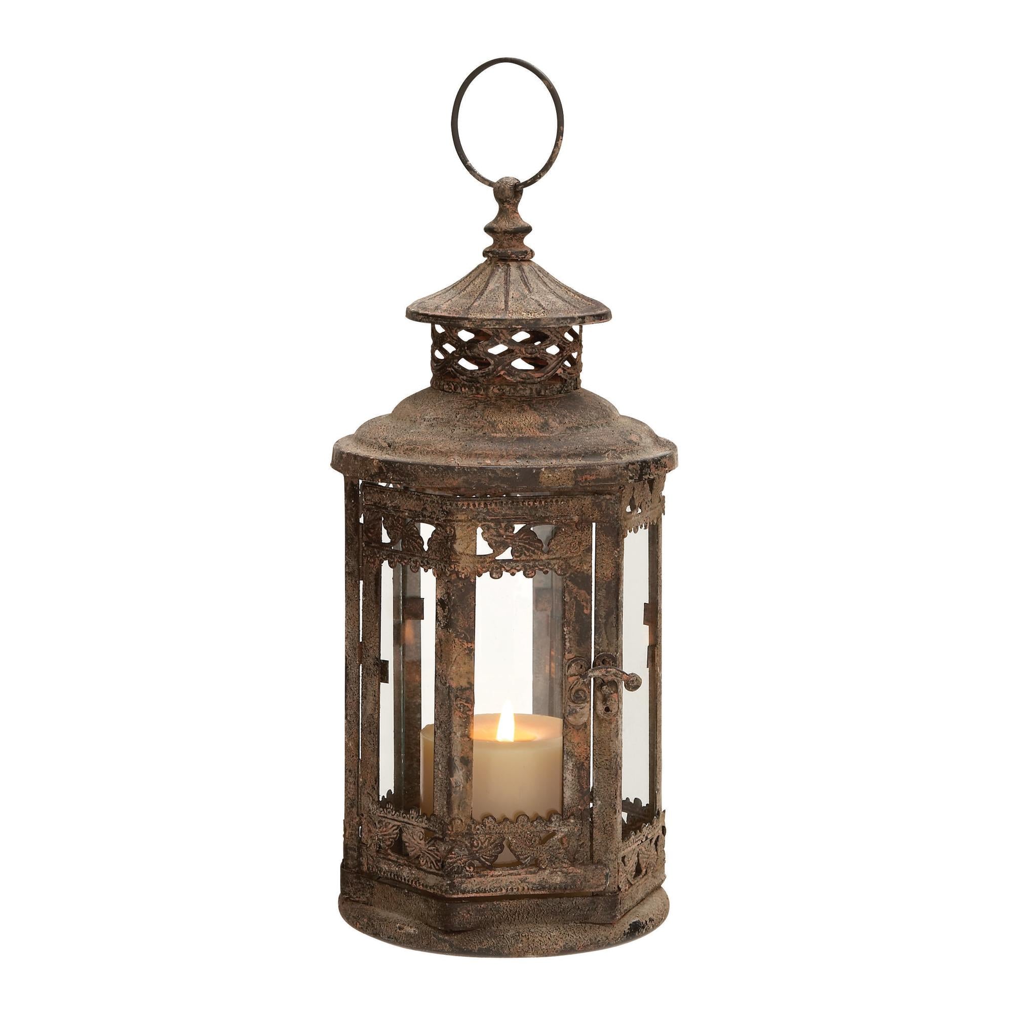 Scroll Brown Metal Decorative Indoor Outdoor Candle Lantern with Ring Handle