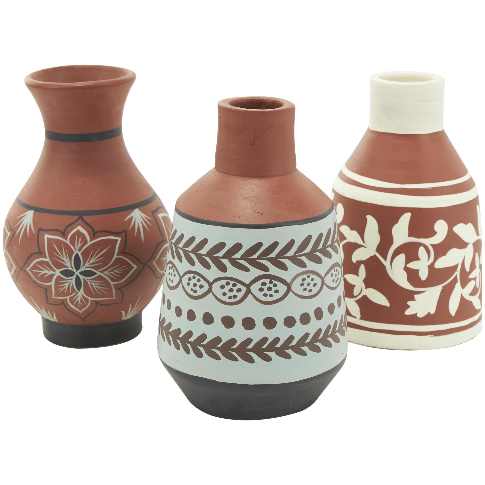 Set of 3 Floral Orange Ceramic Decorative Vase with 3 Different Patterns and Shapes