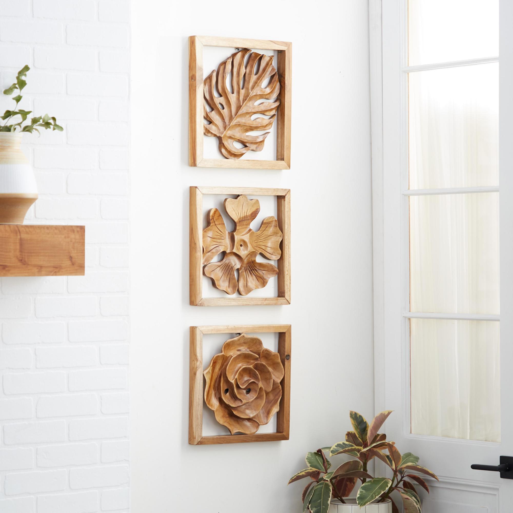 Set of 3 Floral Brown Teak Wood Handmade Framed Carved Leaf and Home Wall Decor