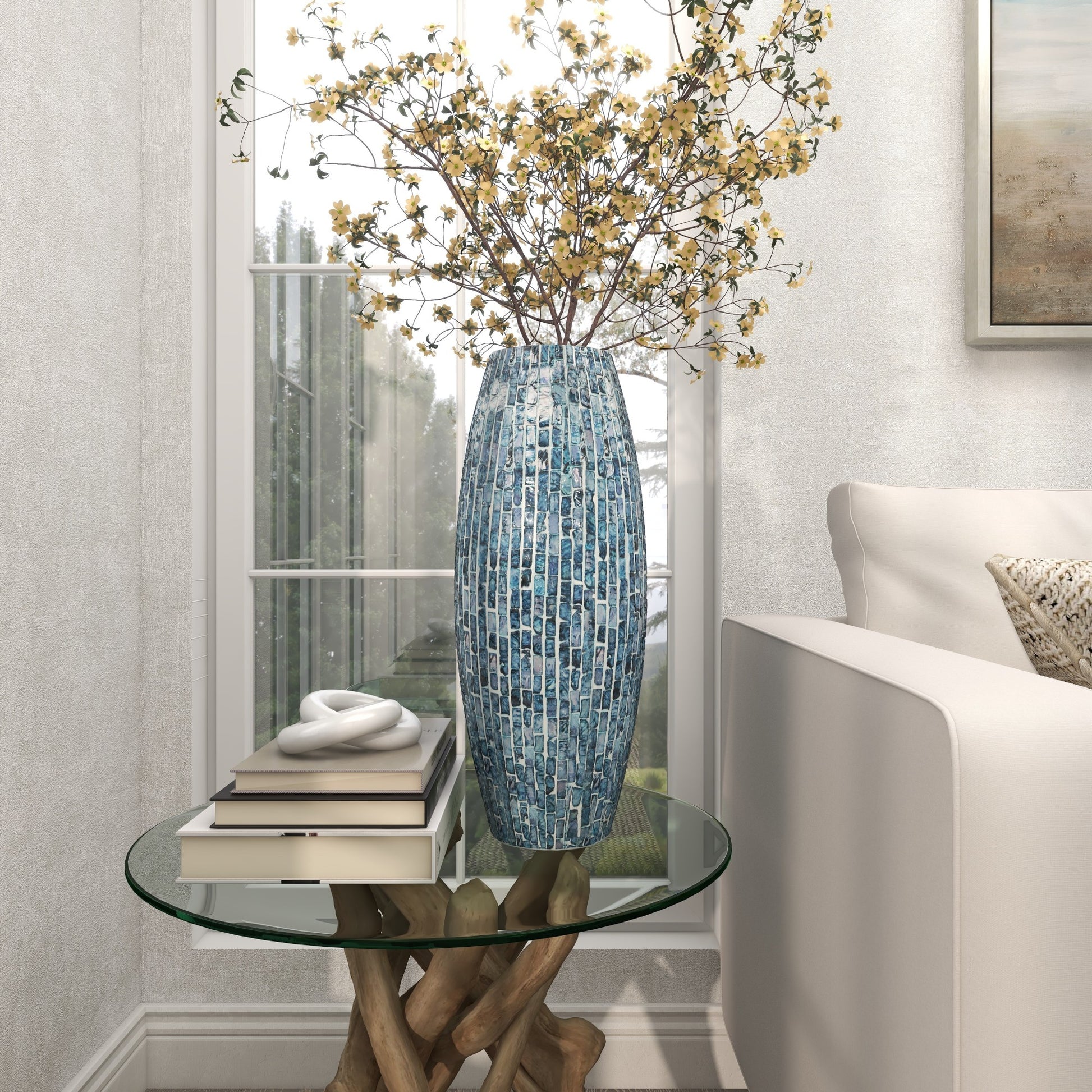 Blue Mother of Pearl Shell Handmade Mosaic Inspired Decorative Vase