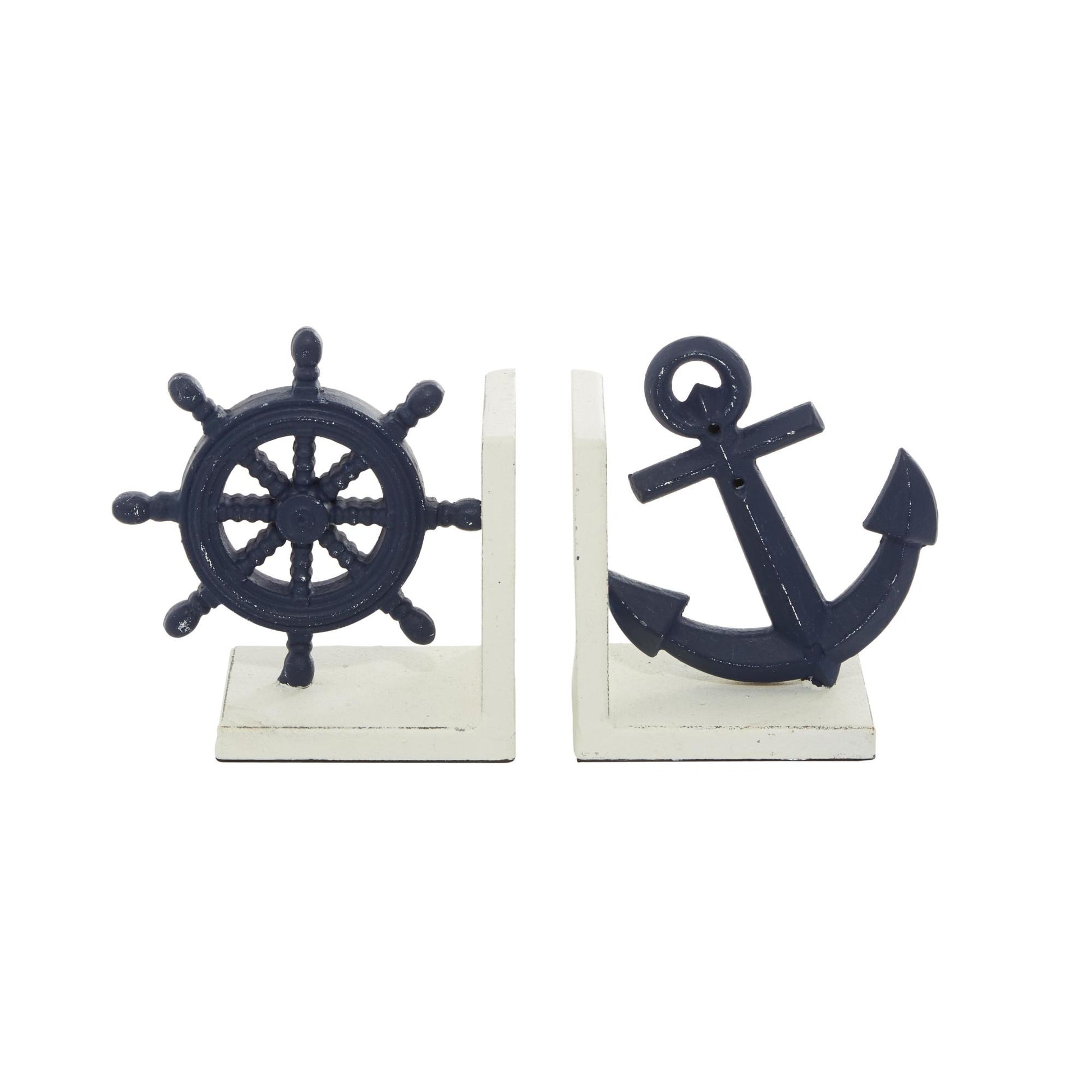Set of 2 Ship Wheel Blue Metal Anchor Decorative Bookends