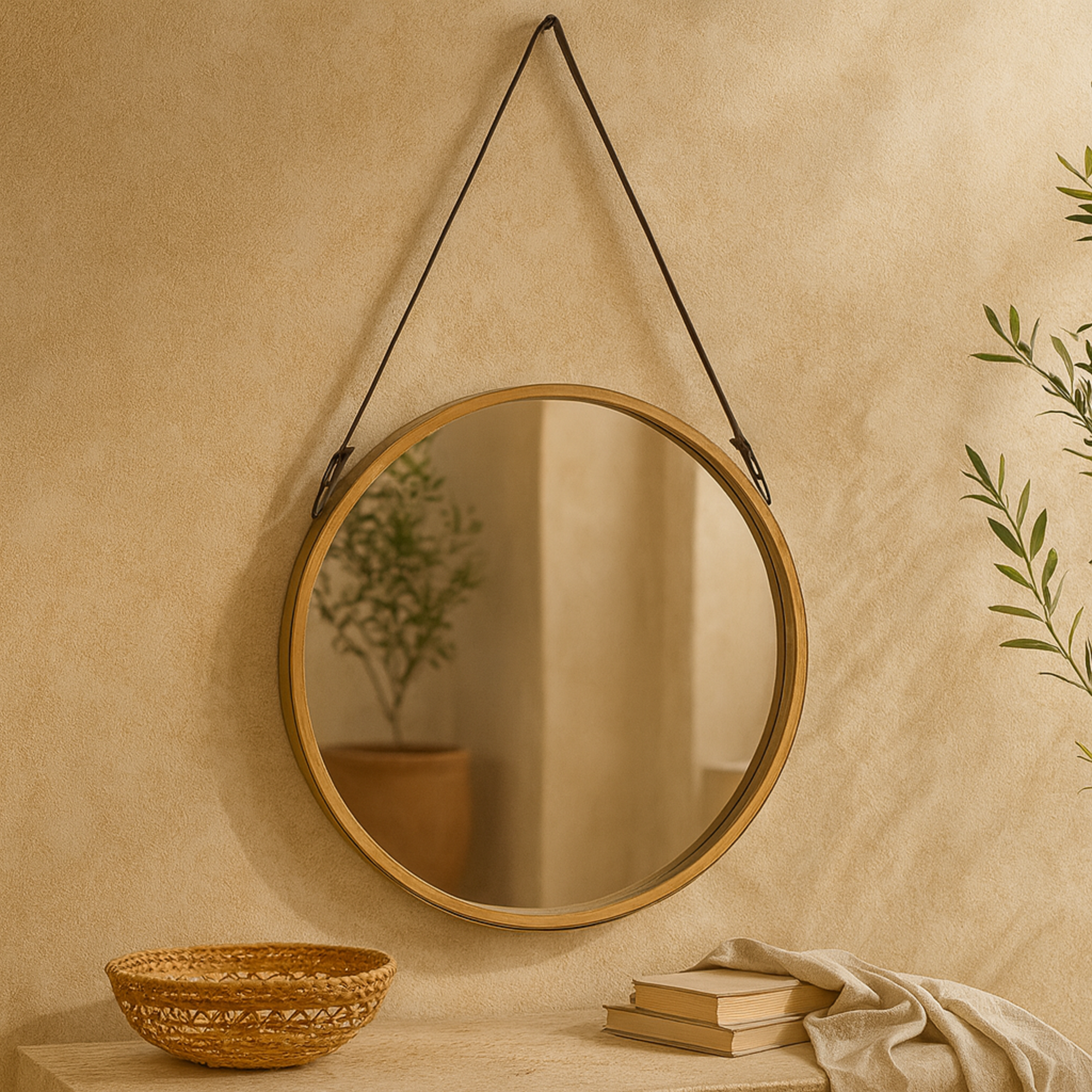 Gold Metal Small Room Wall Mirror with Leather Hanging Strap
