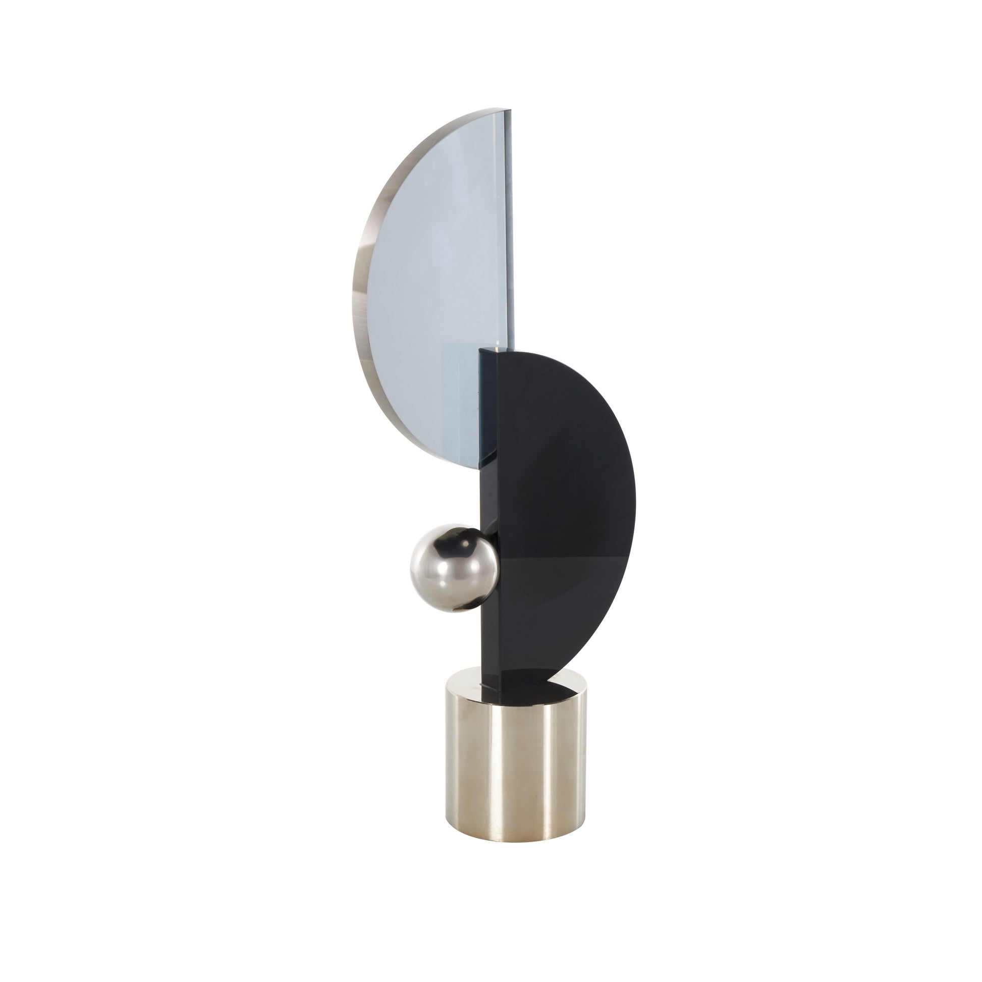 Abstract Black Glass Decorative Sculpture with Silver Orb and Base