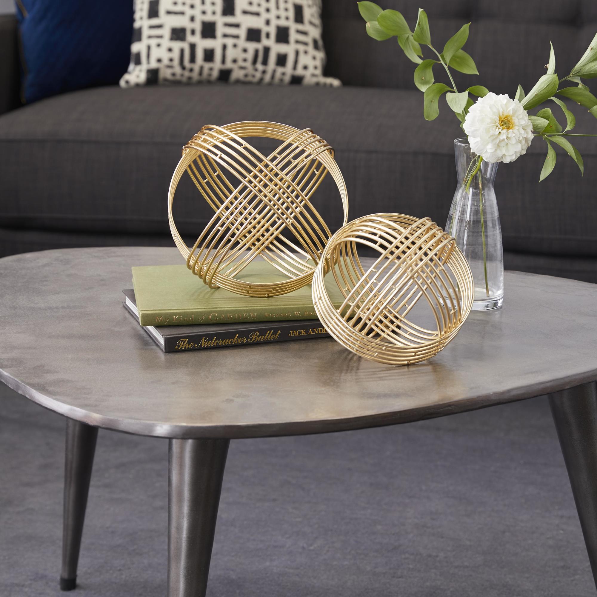 Set of 2 Geometric Gold Metal Layered Orb Decorative Sculpture