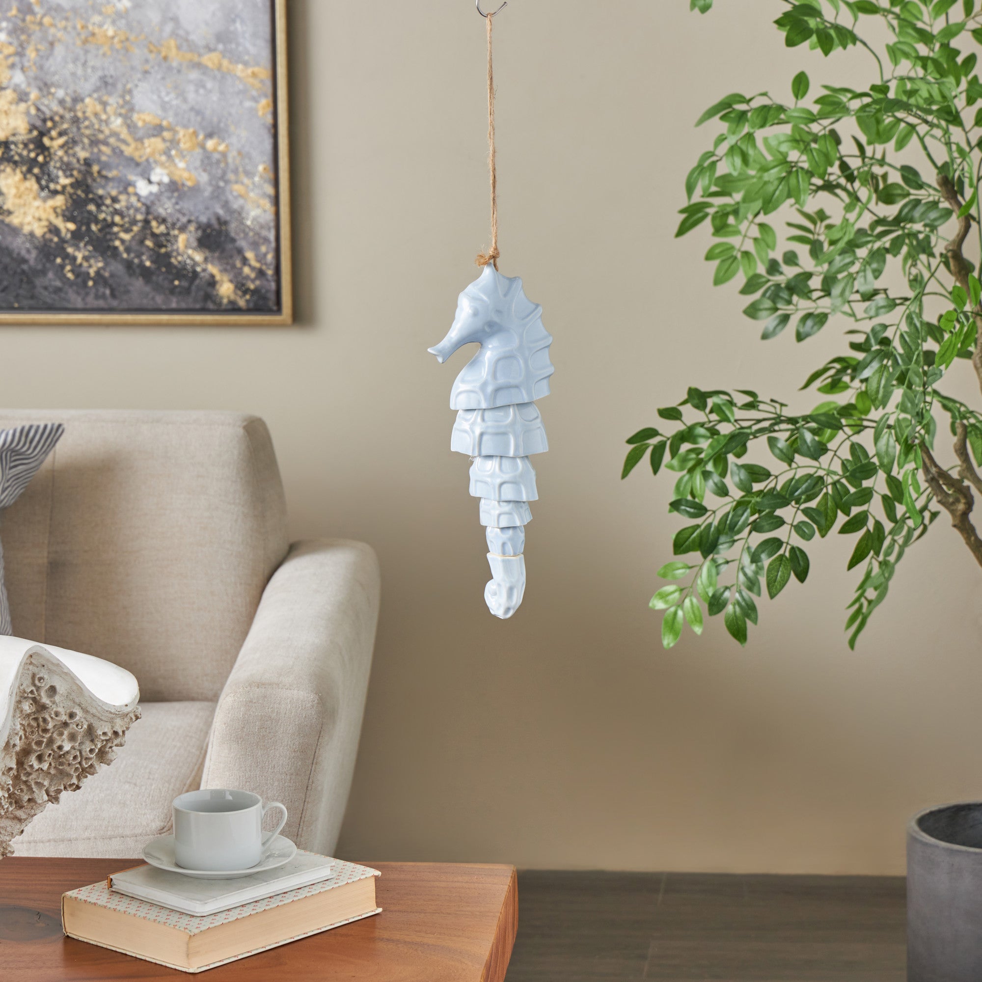 Sea Horse Blue Ceramic Indoor Outdoor Windchime with Brown Rope