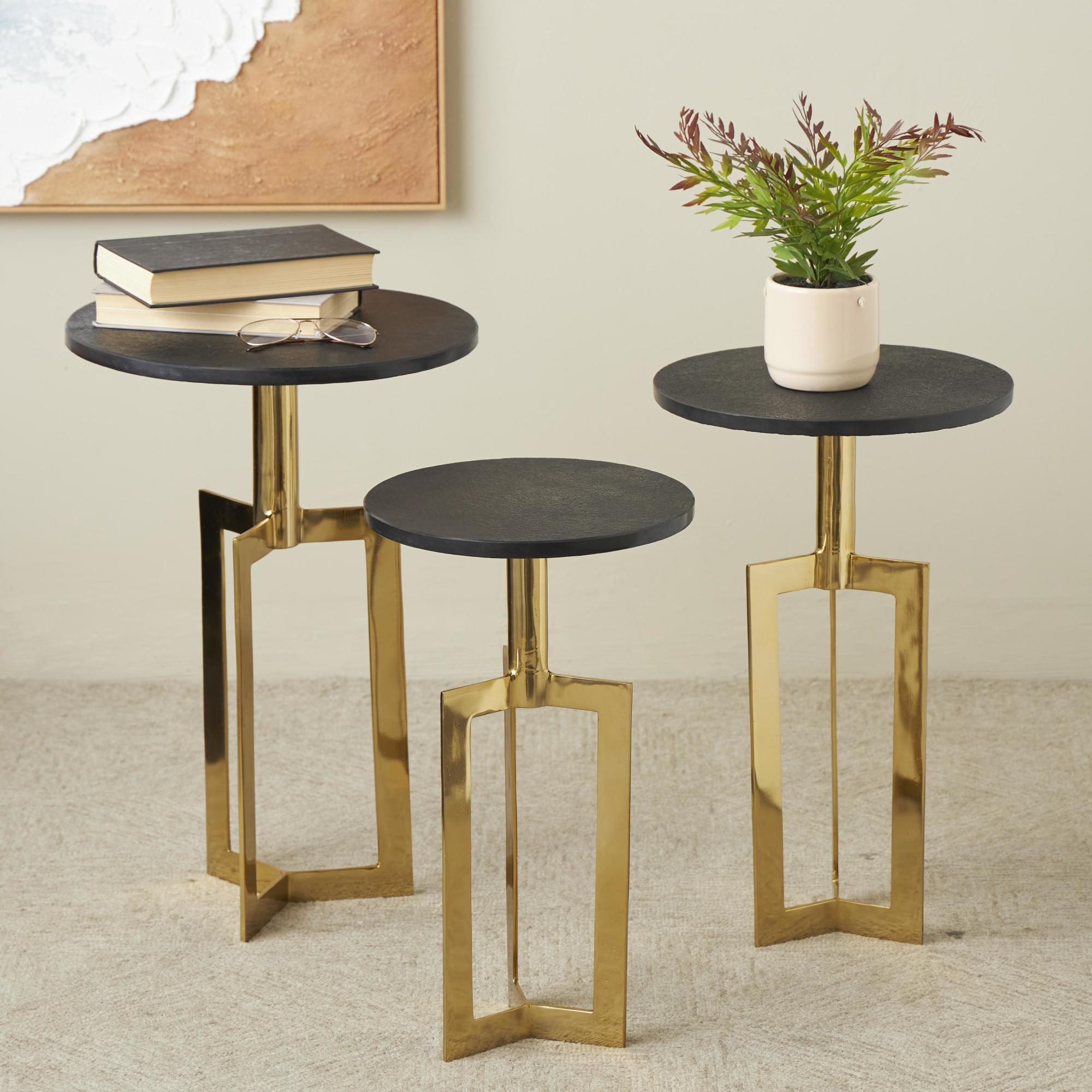 Set of 3 Geometric Aluminum Metal Side End Accent Table with Black Marble Tabletops Set of 3 24", 23", 21"H