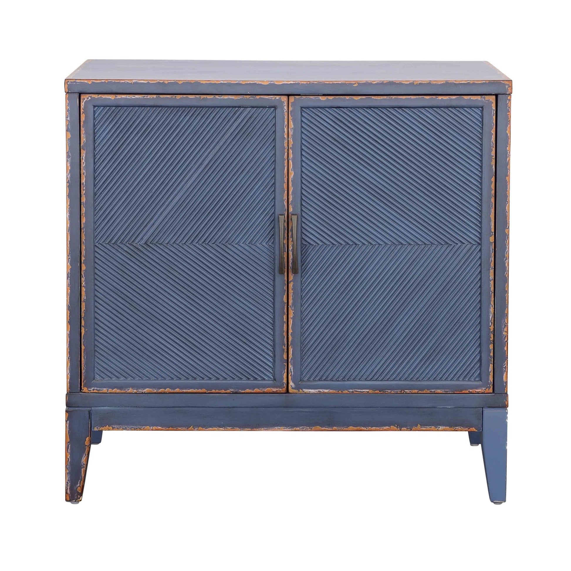 Geometric Blue Wooden Ribbed Square Patterned 2 Door Room Cabinet with Brown Distressing
