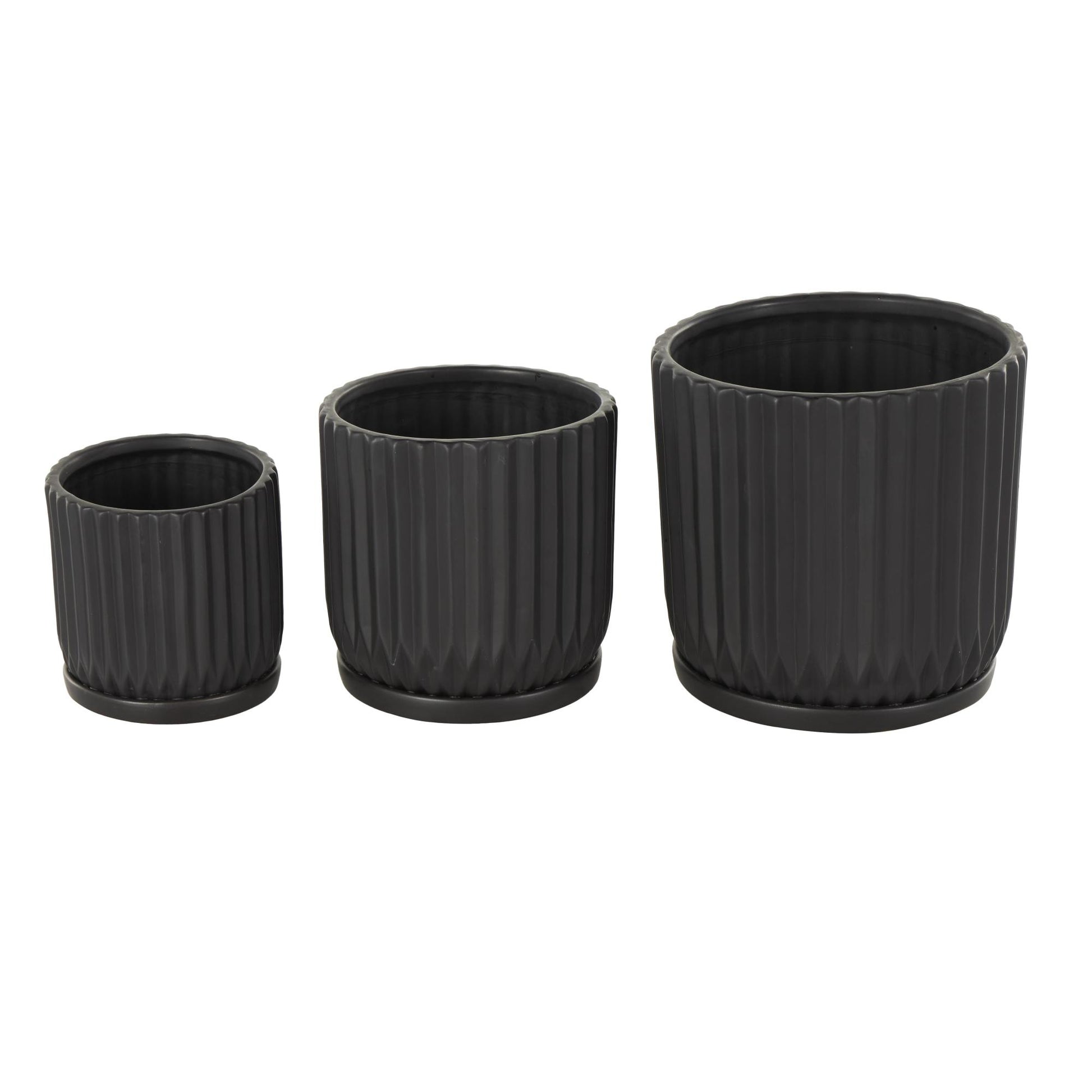 Set of 3 Ceramic Ribbed Indoor Outdoor Planter with Attached Saucer