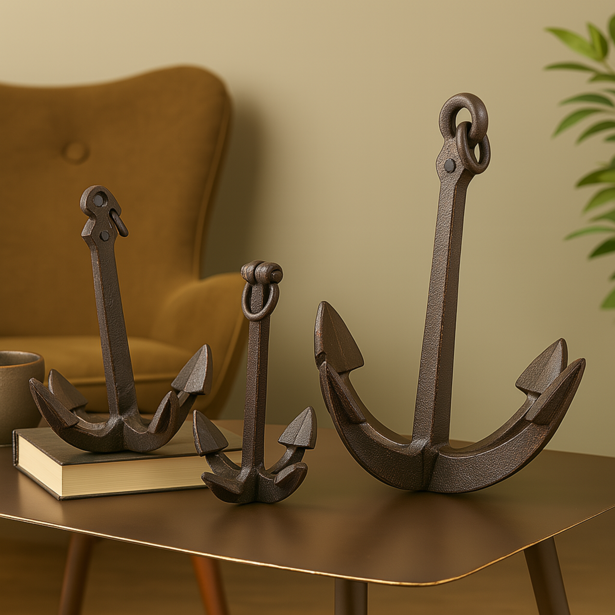 Set of 3 Anchor Copper Aluminum Metal Weathered Decorative Sculpture with Hanging Hook