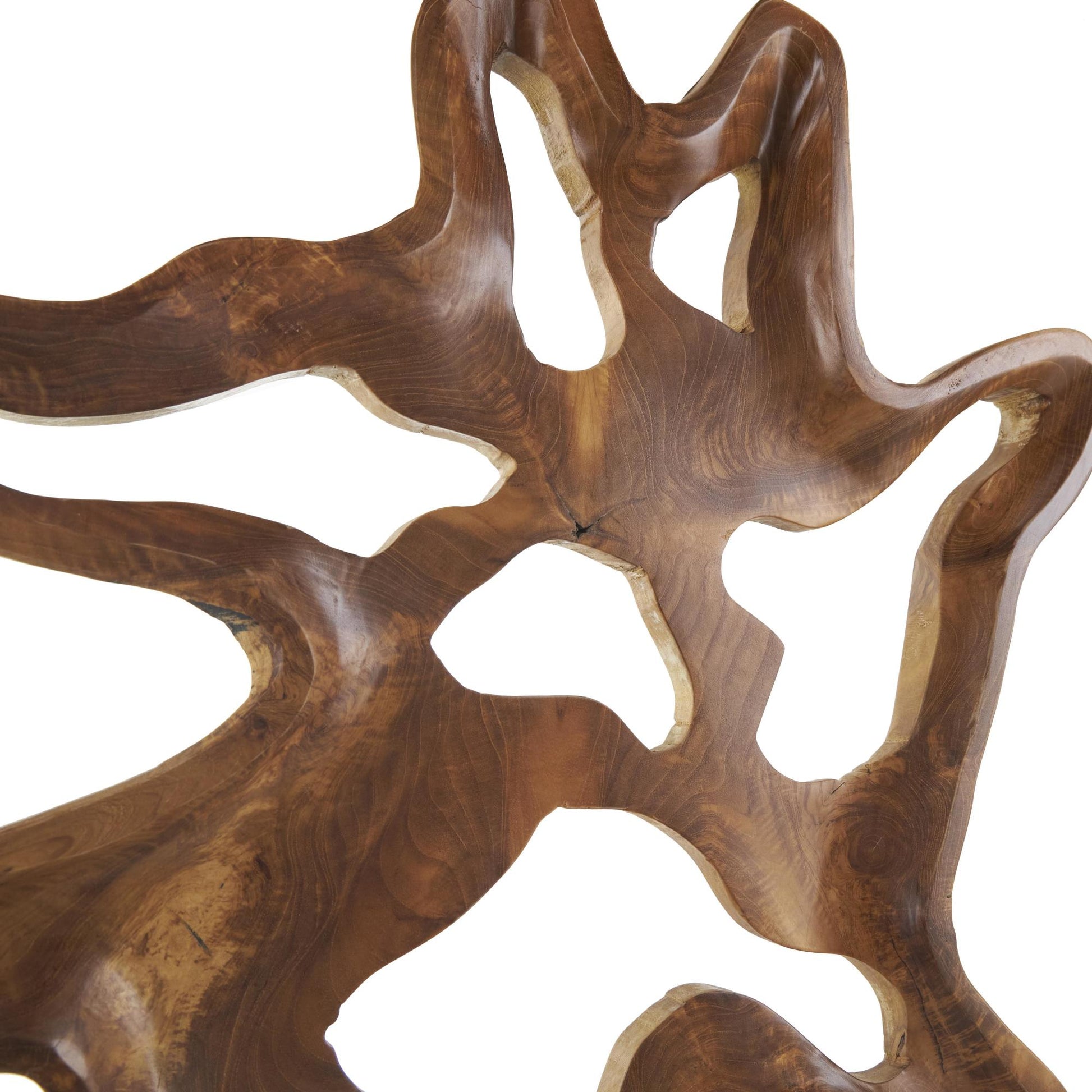 Abstract Brown Teak Wood Cutout Decorative Sculpture with Block Base