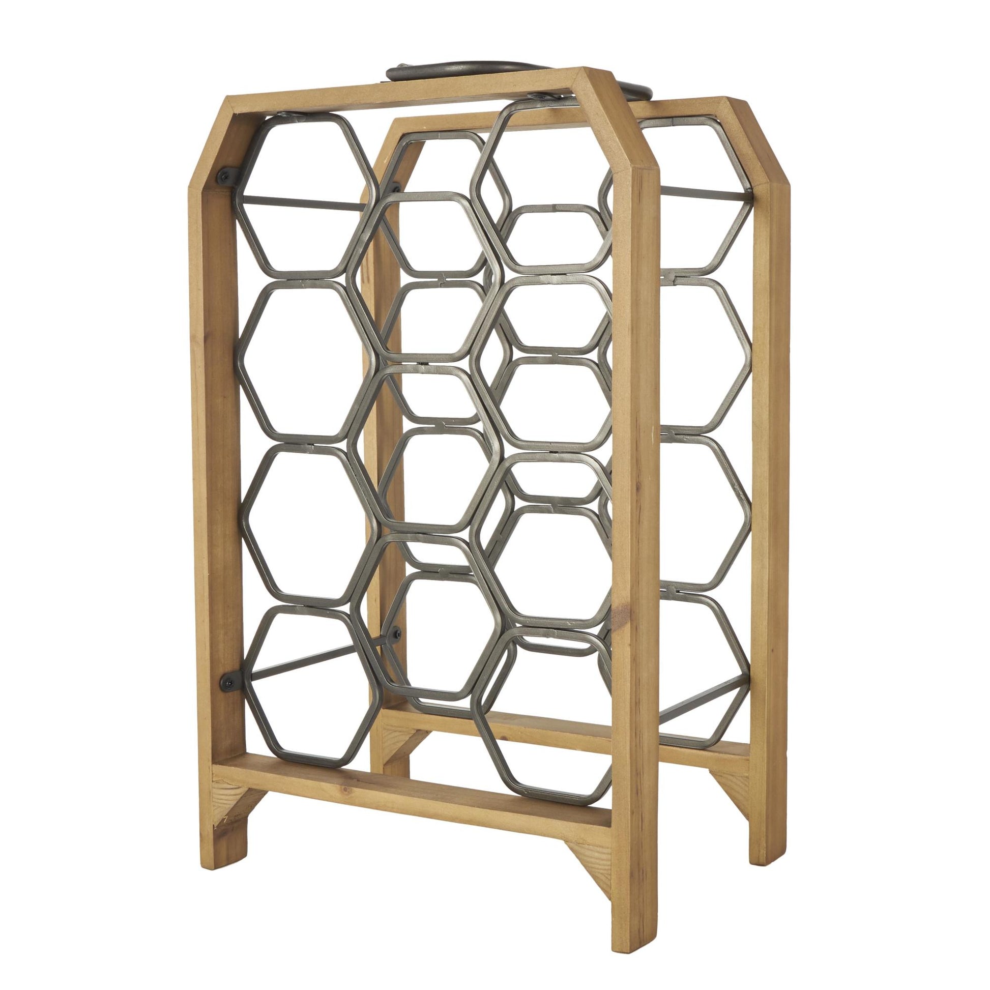 Brown Wood Tall Wine Rack with Gray Metal Curved Teardrop Holders