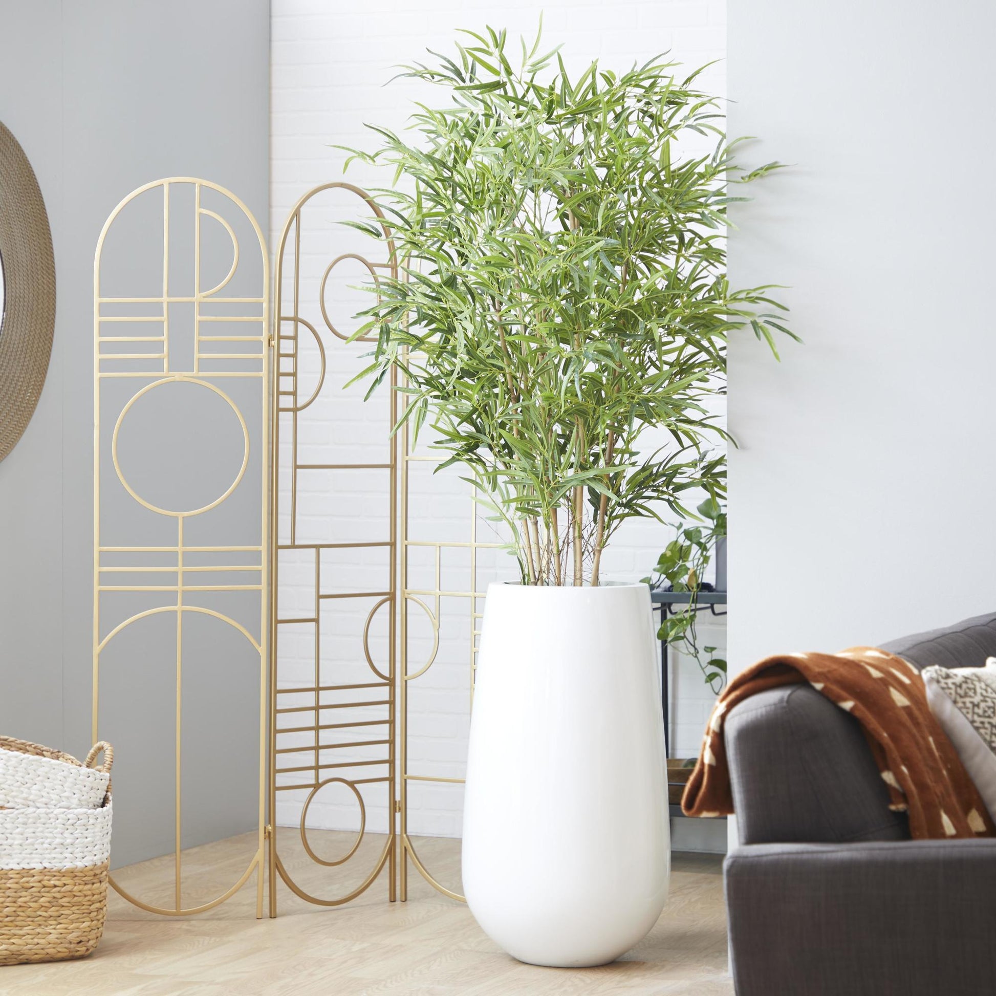 Bamboo Green Faux Foliage Indoor Outdoor Artificial Tree with Realistic Leaves and White Fiberglass Pot