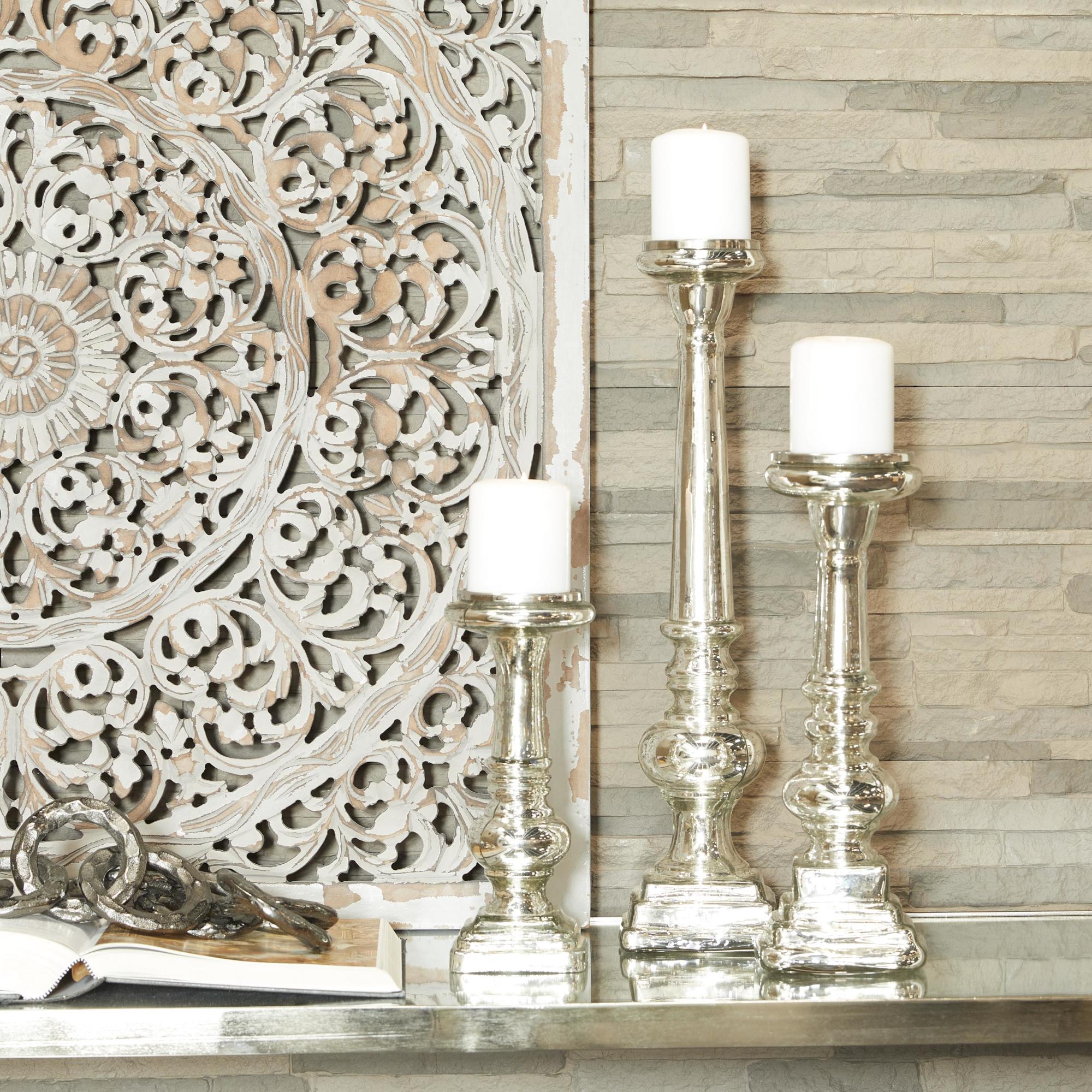 Set of 3 Silver Glass Handmade Turned Style Pillar Decorative Candle Holder