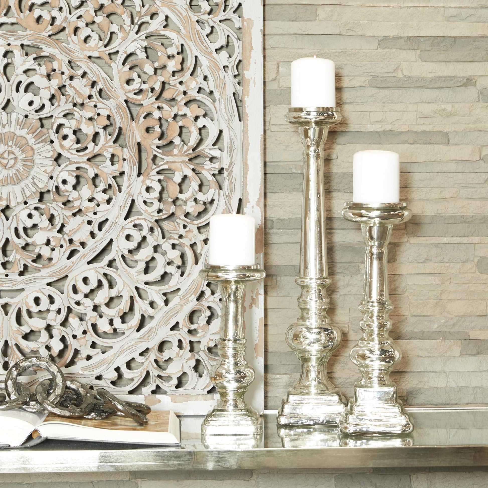 Set of 3 Silver Glass Handmade Turned Style Pillar Decorative Candle Holder