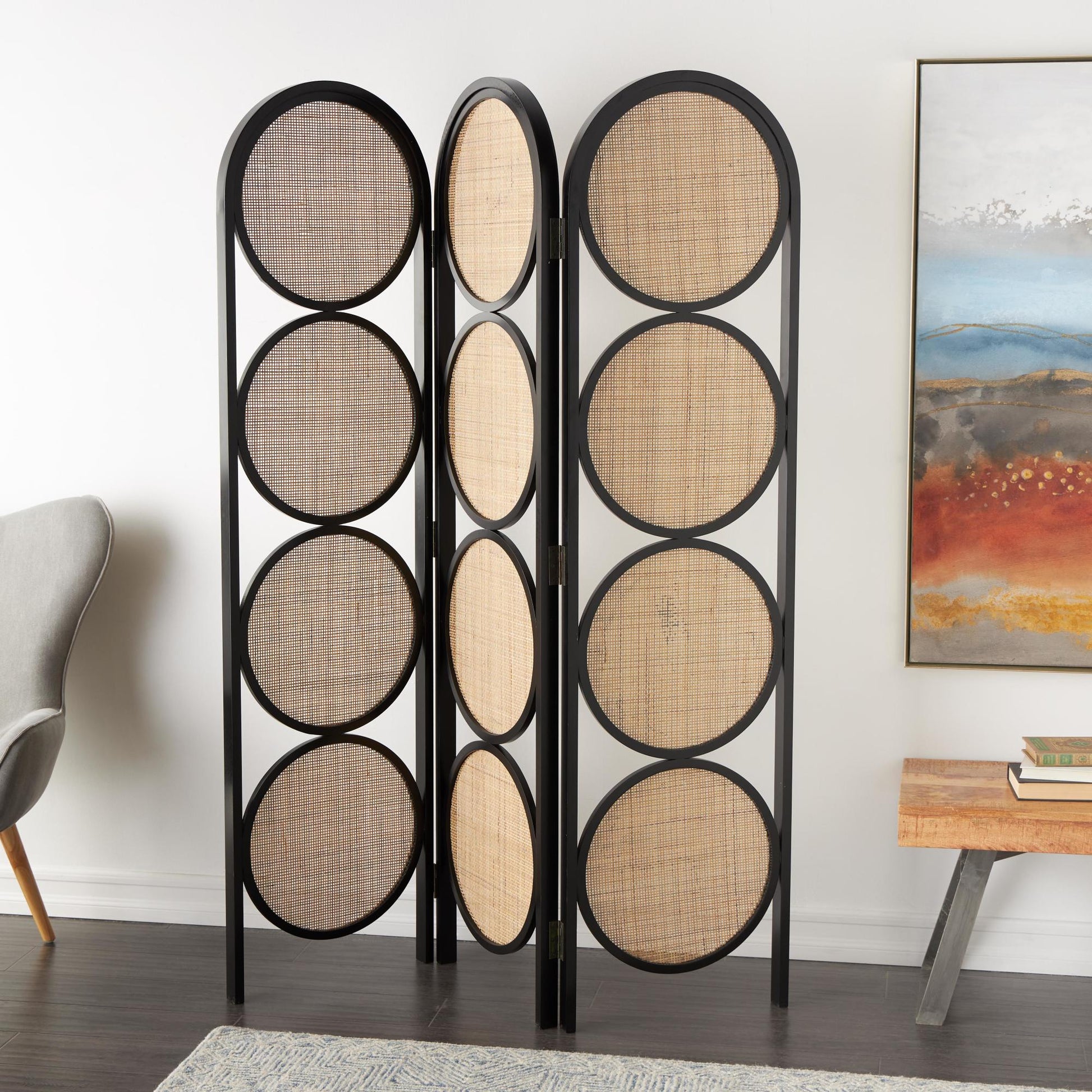Geometric Black Wooden Handmade Arched Foldable 3 Panel Partition Room Divider Screen with Woven Cutouts