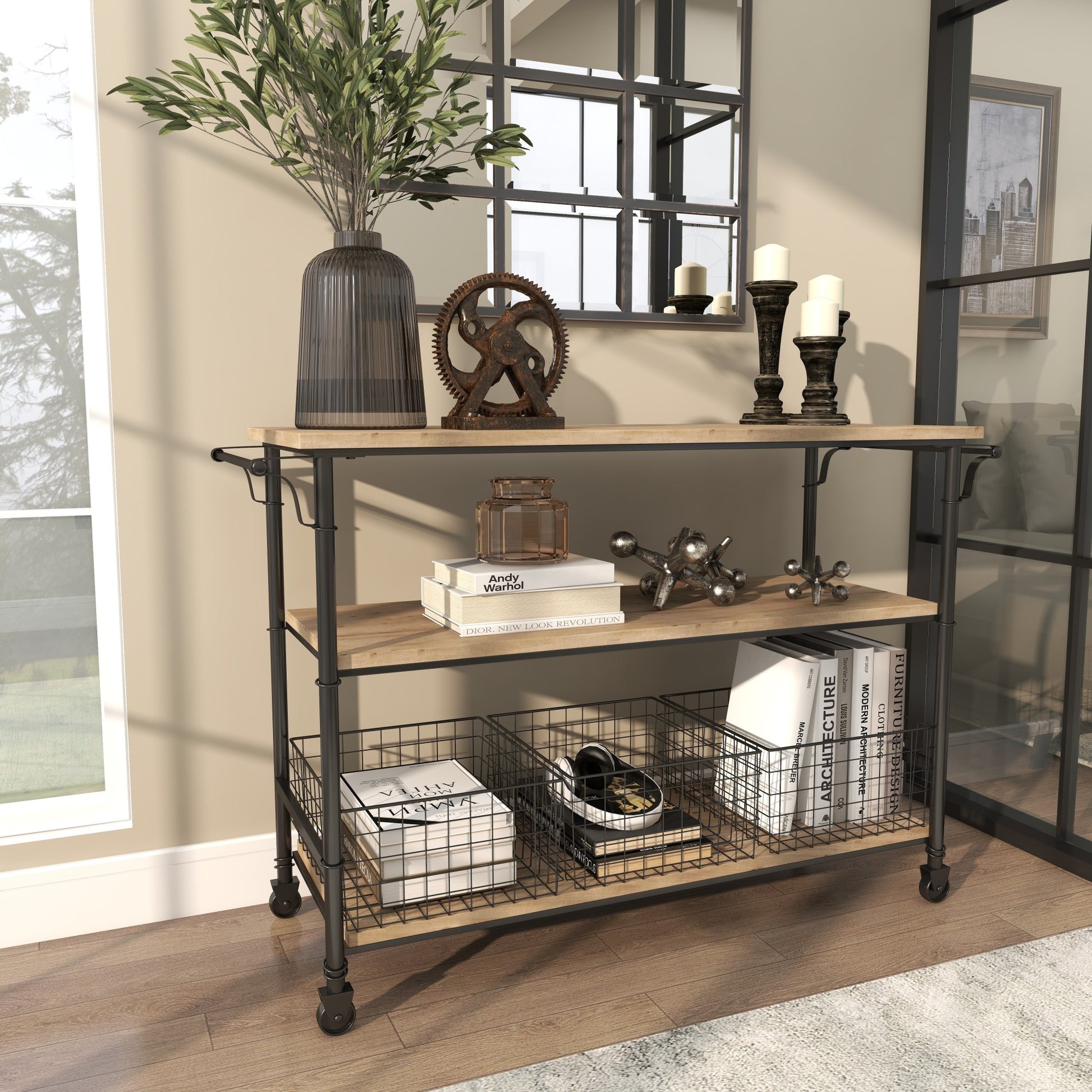 Brown Wood Rolling Cart 3 Drawer Room Storage Unit with Black Wire Baskets