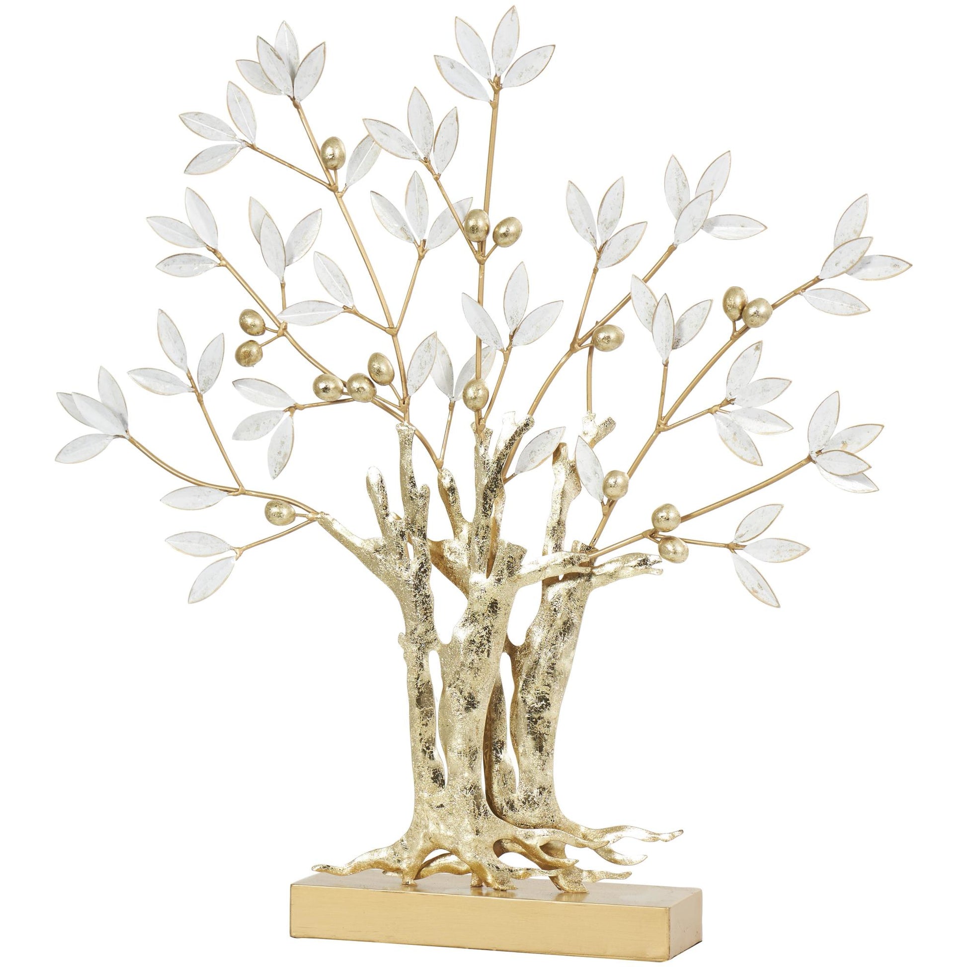 Tree Gold Metal Metallic Decorative Sculpture with White Leaves
