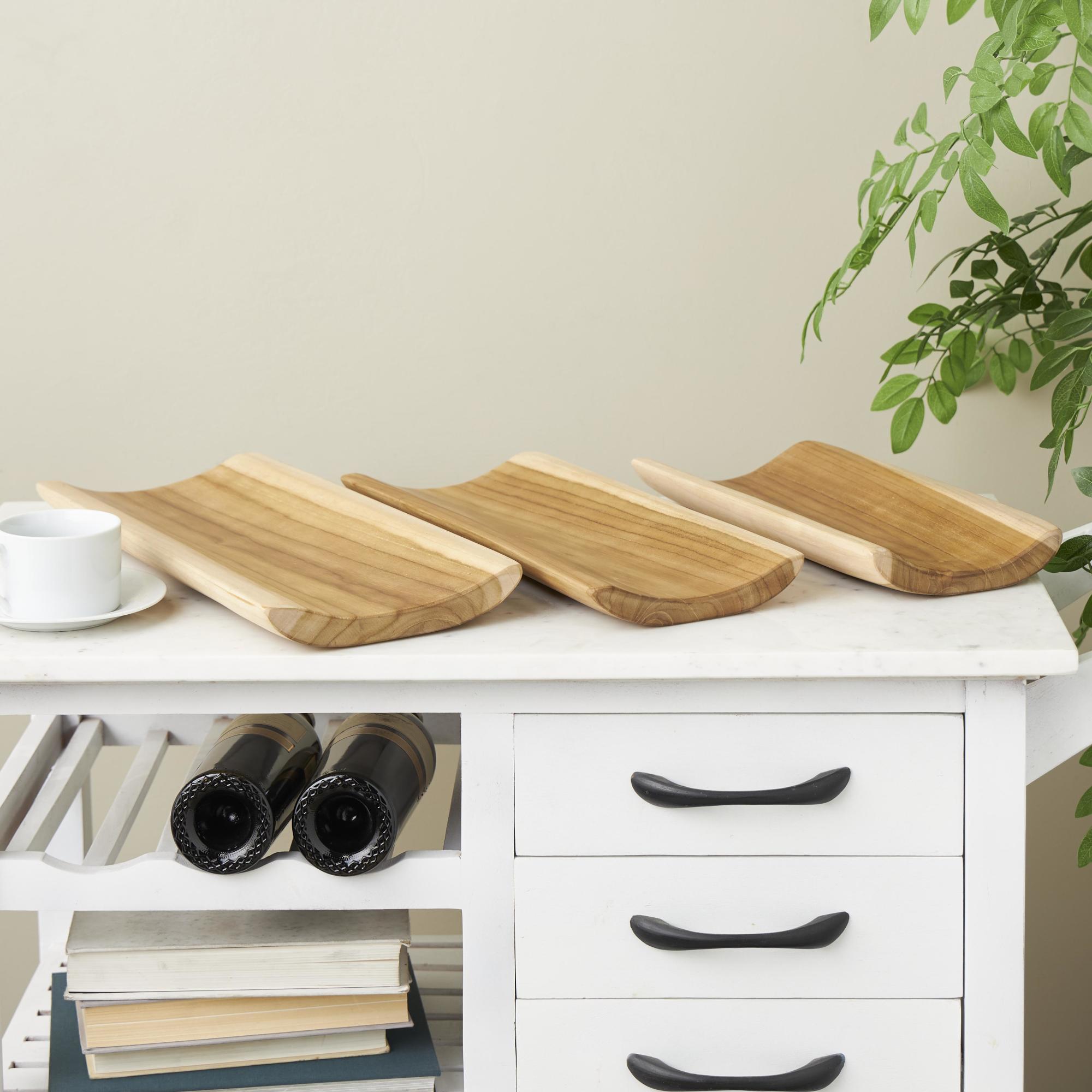 Set of 3 Brown Teak Wood Handmade Curved Living Room Decor Tray