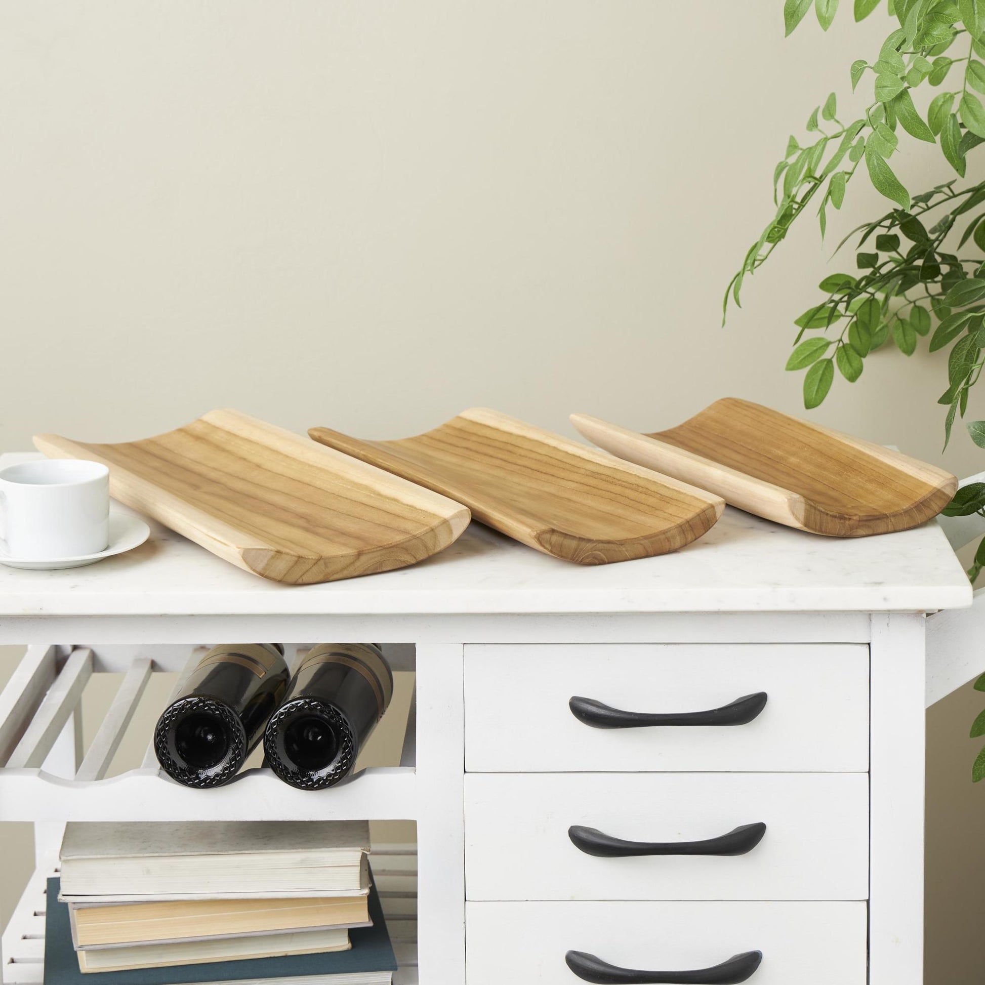 Set of 3 Brown Teak Wood Handmade Curved Living Room Decor Tray