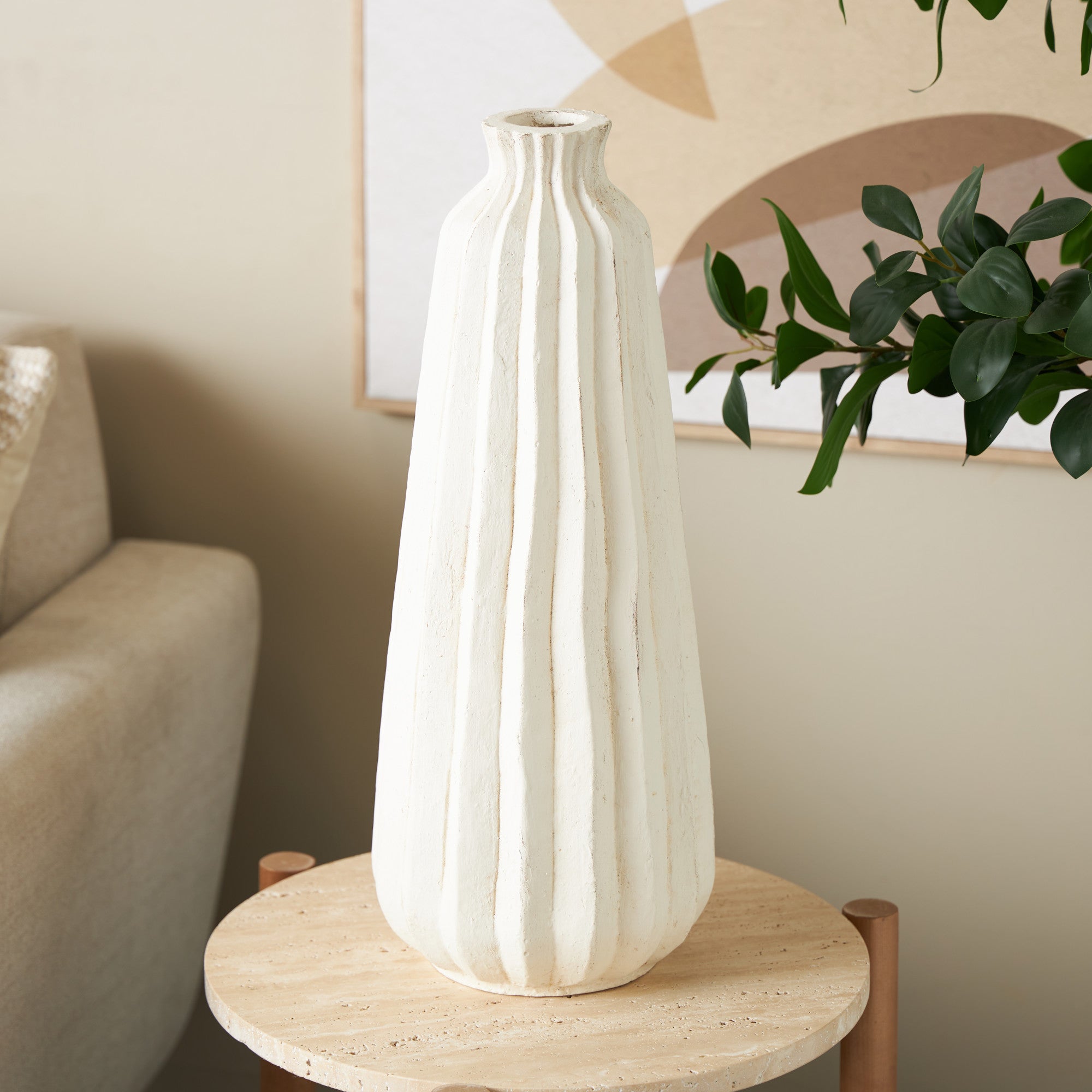 Cream Magnesium Oxide Decorative Vase with Carved Grooves