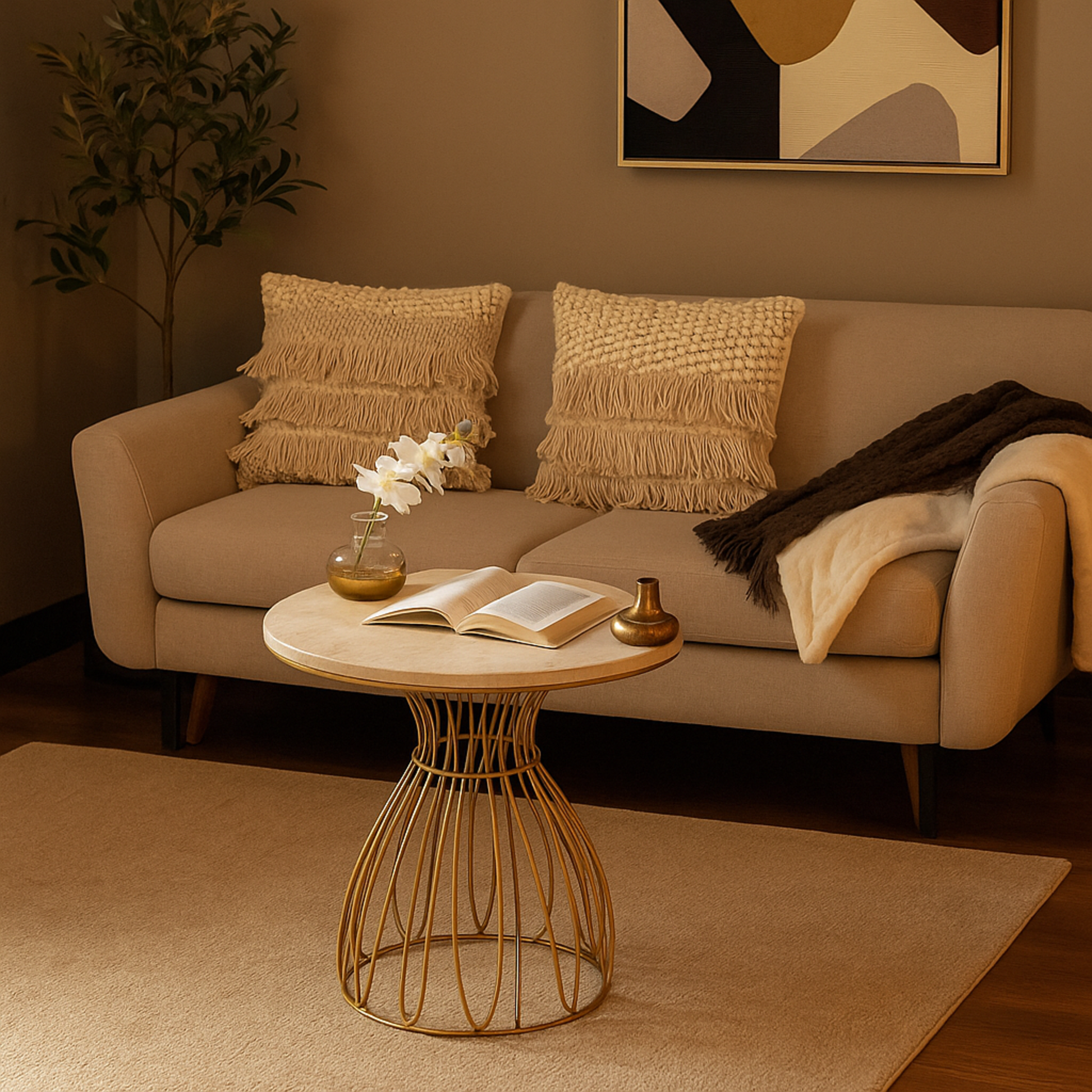 Gold Metal Flower Inspired Side End Accent Table with Cream Marble Tabletop