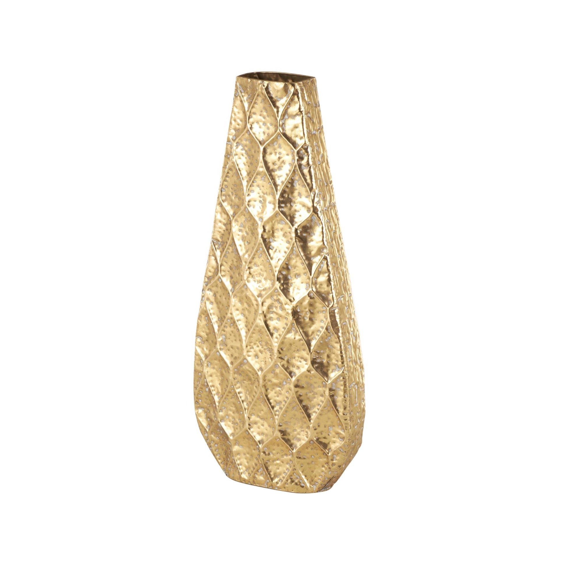 Gold Metal Textured Concaved Teardrop Decorative Vase with Peacock Inspired Design