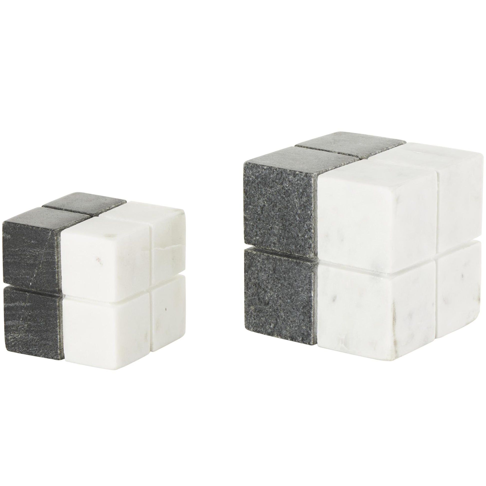 Set of 2 Geometric White Marble Dice Decorative Sculpture with Black Accent
