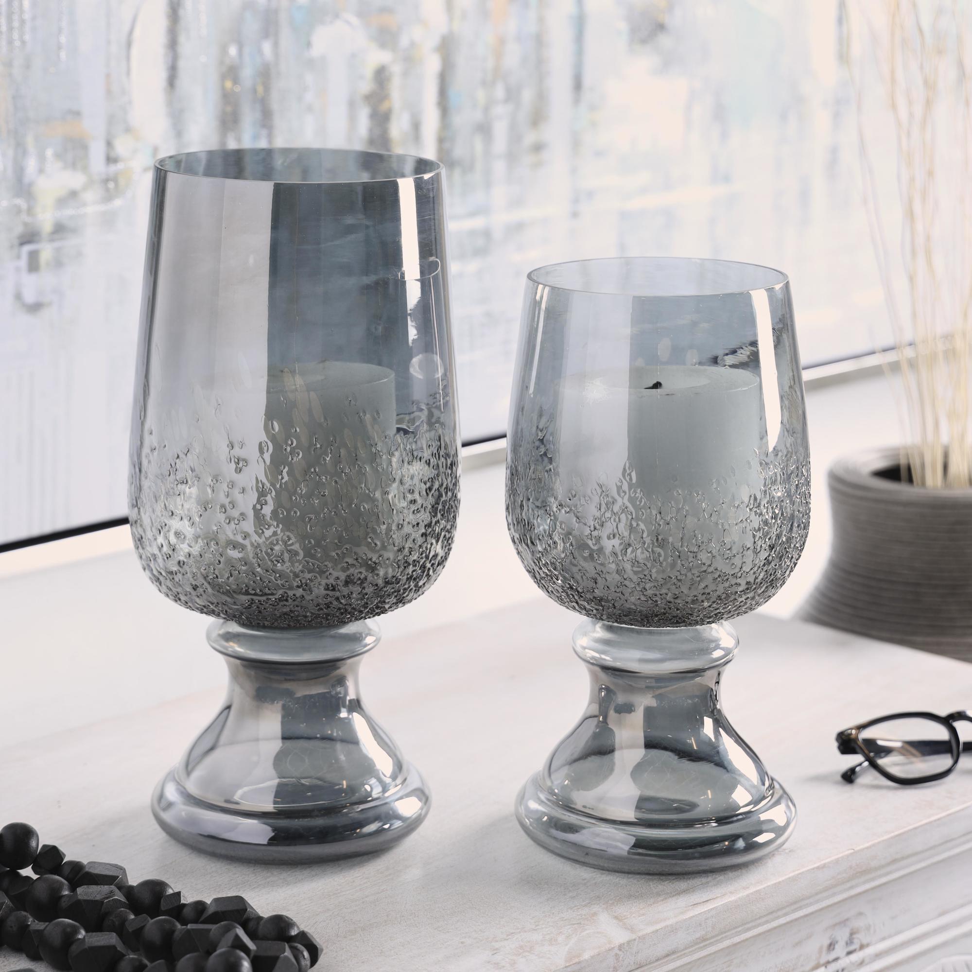 Set of 2 Gray Glass Tinted Decorative Candle Holder with Textured Exterior