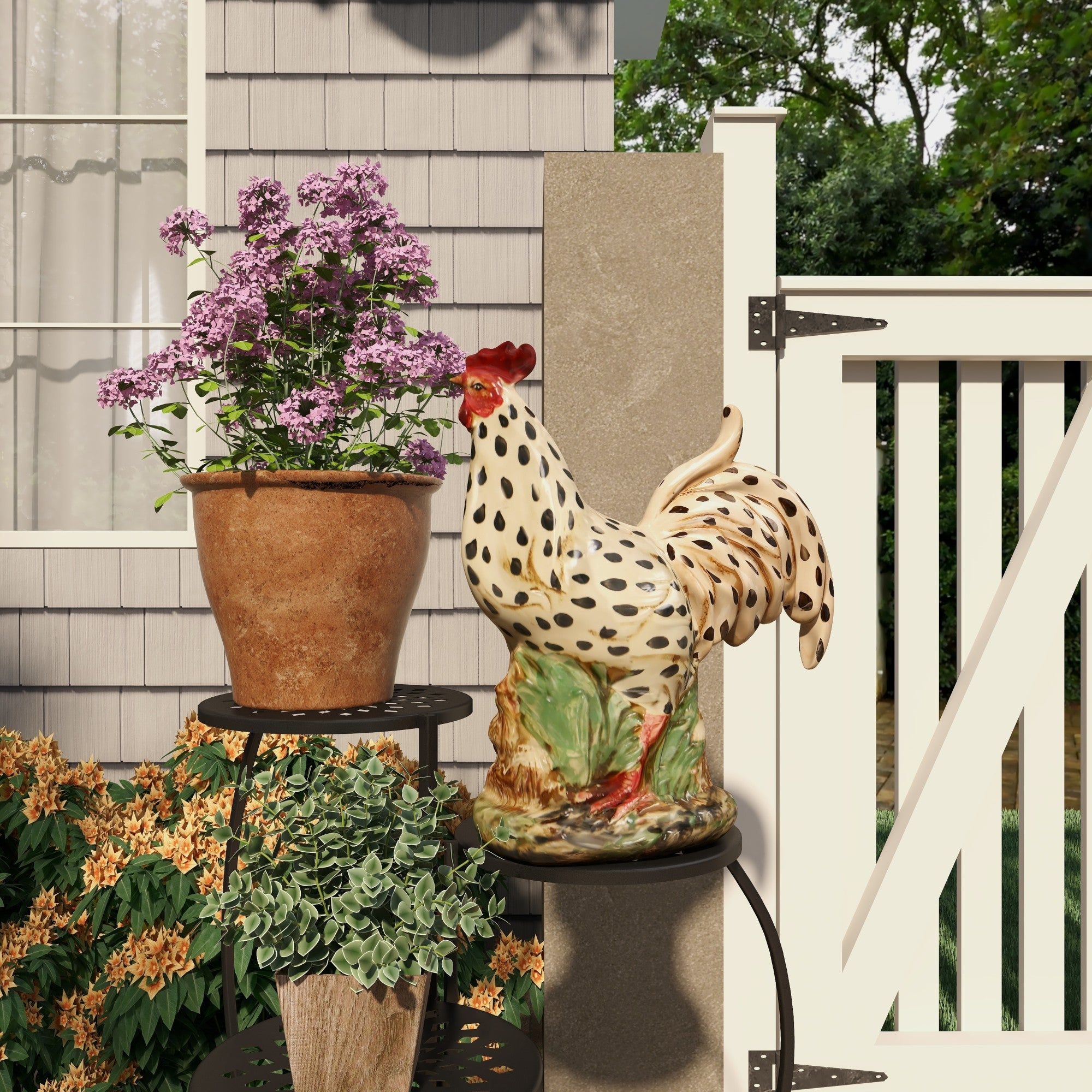 Rooster Beige Ceramic Spotted Indoor Outdoor Decorative Garden Sculpture with Black and Red Accents