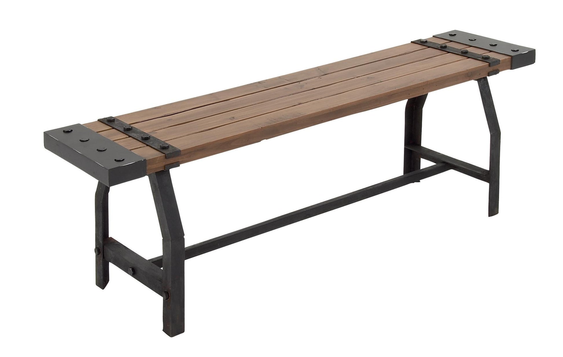 Brown Wood Slatted Home Bench with Black Metal Base and Studs