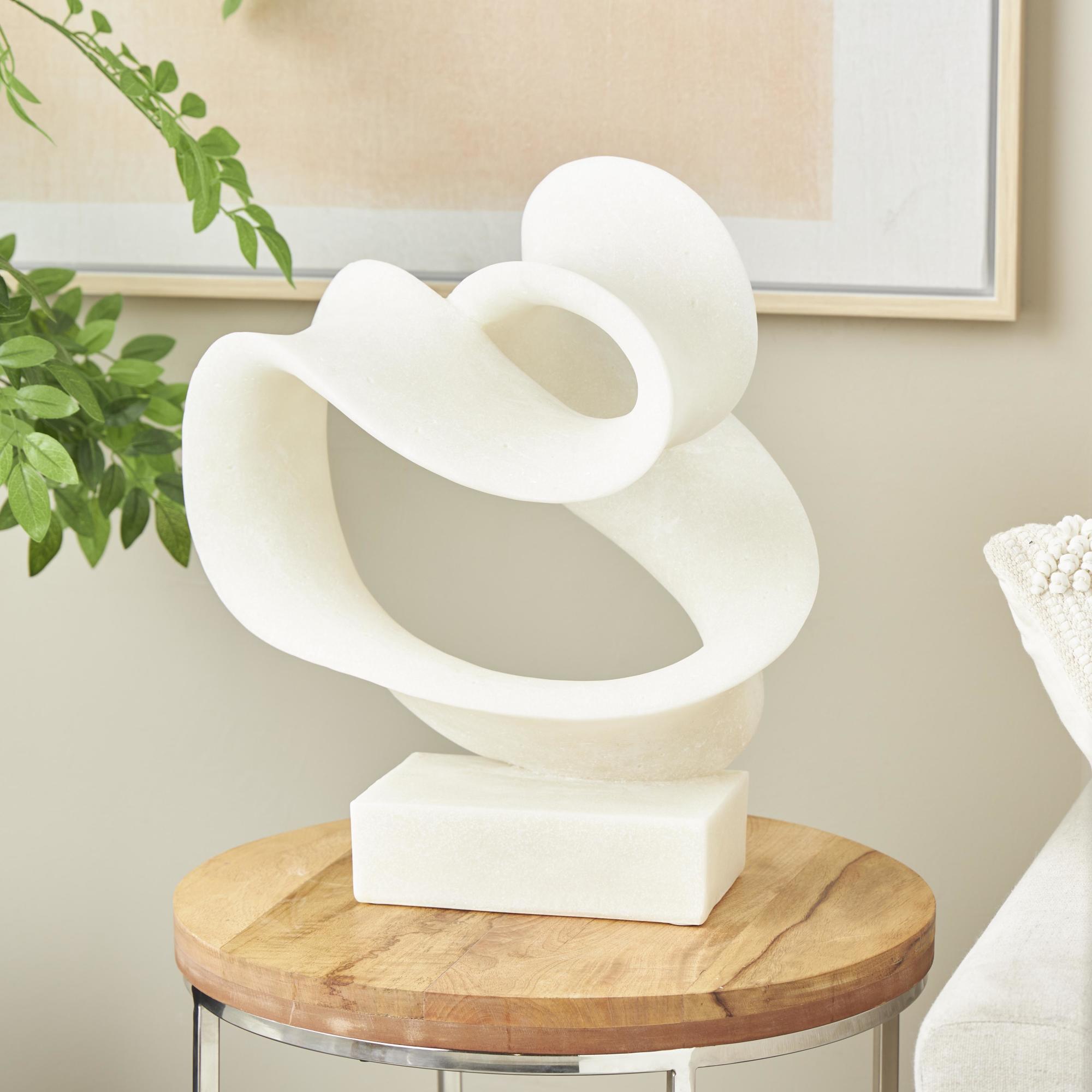 Abstract White Polystone Twisted Wave Decorative Sculpture with Elevated Base