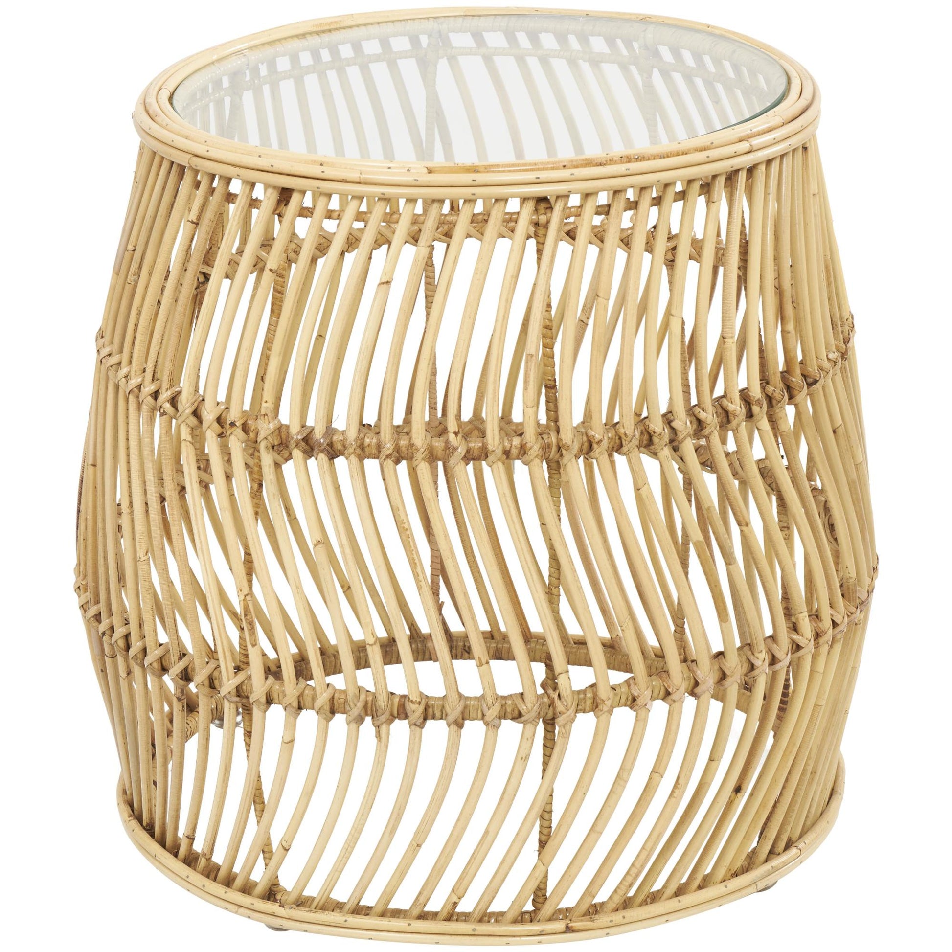 Brown Rattan Handmade Wavy Woven Side End Accent Table with Glass Top