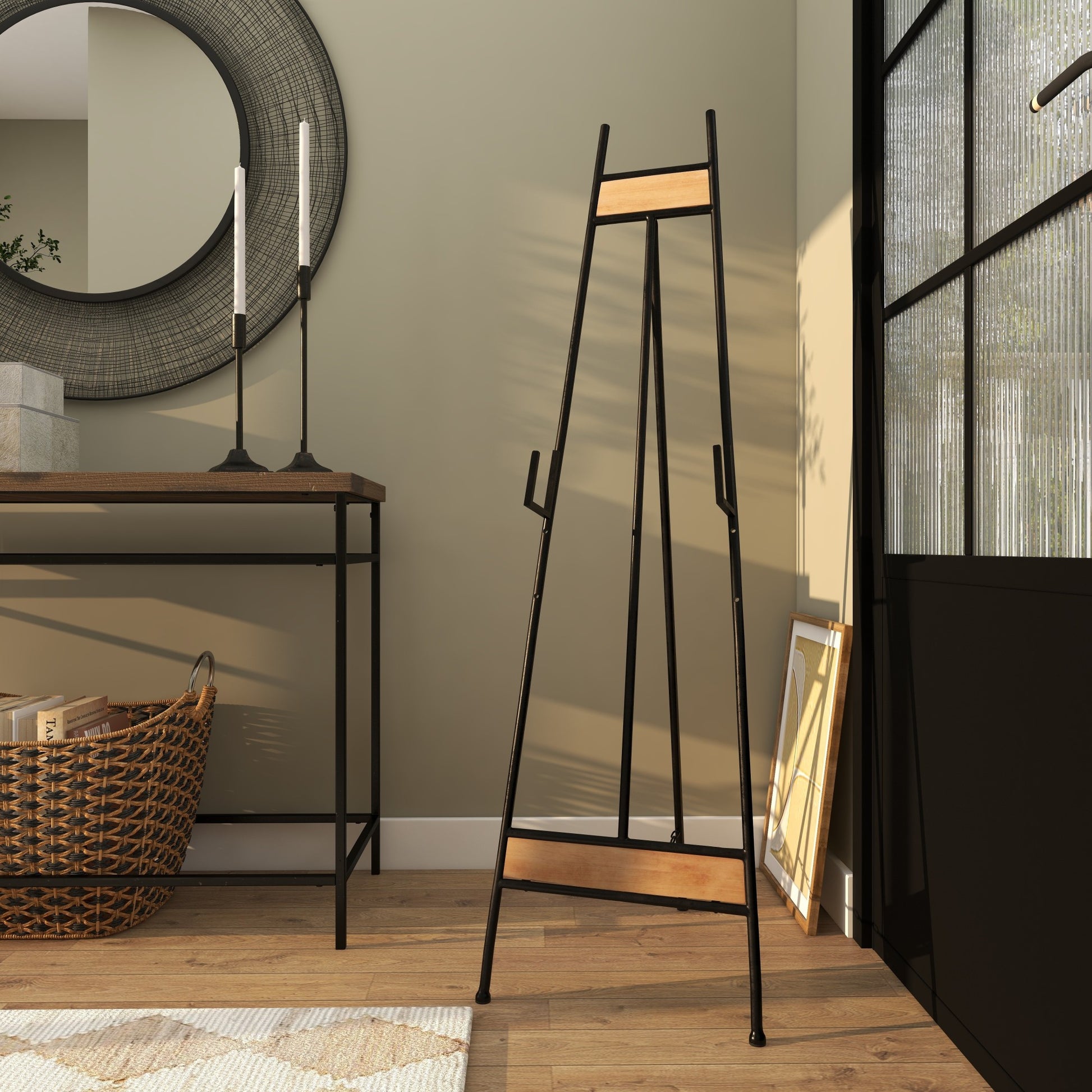 Black Metal Tall Adjustable 3 Tier Display Easel with Chain Support and Wood Accents