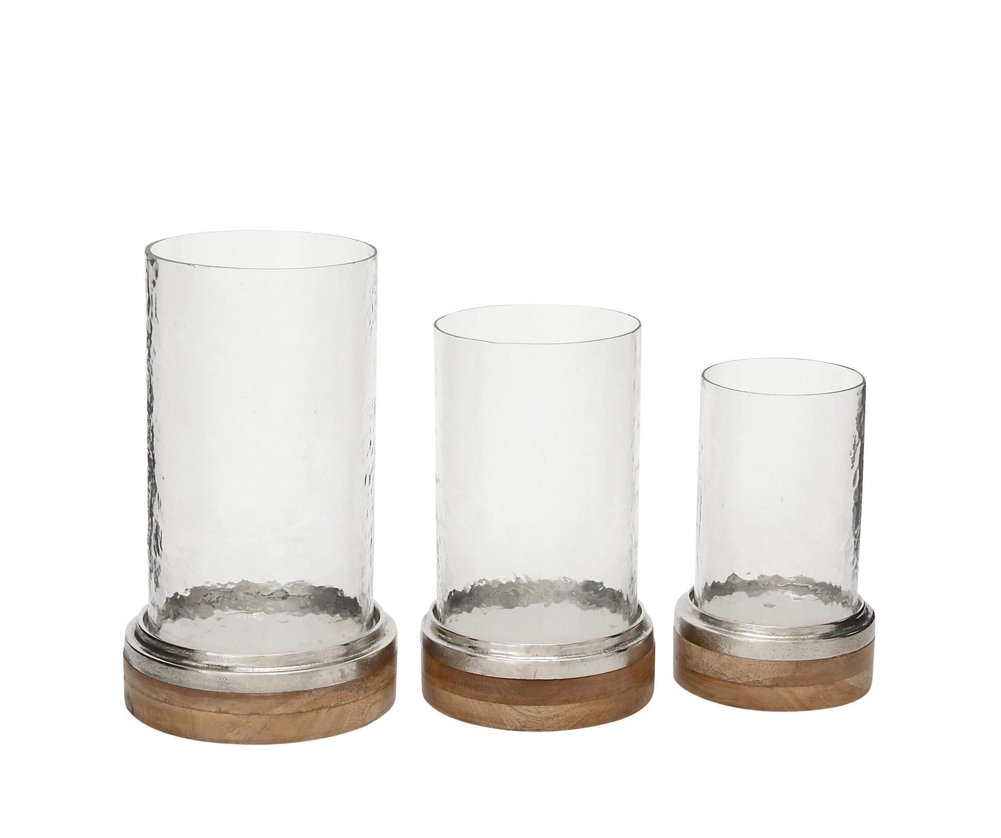 Set of 3 Brown Wood Pillar Room Hurricane Lamp with Glass Candle Holders