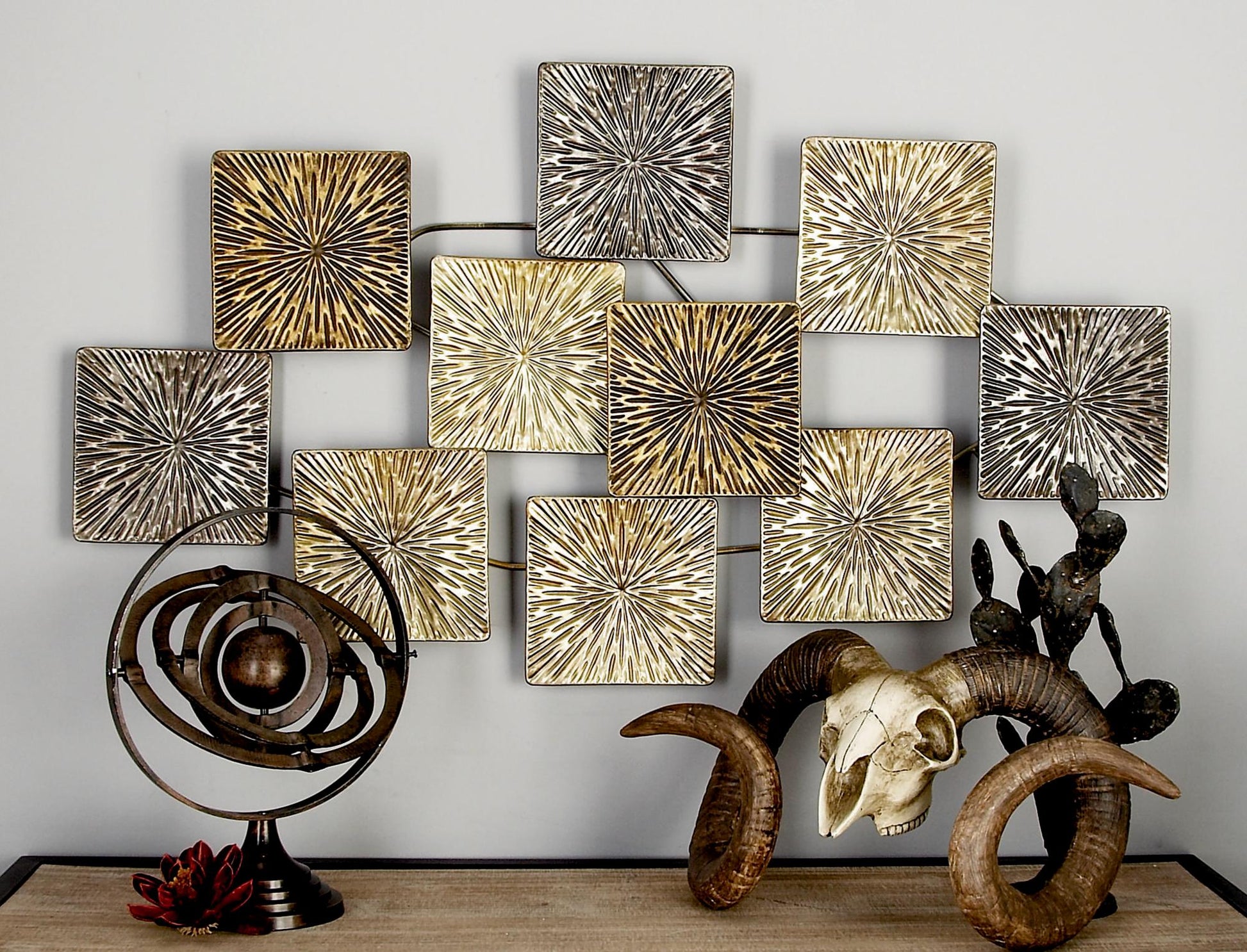 Sunburst Gold Metal Carved Overlapping Square Home Wall Decor